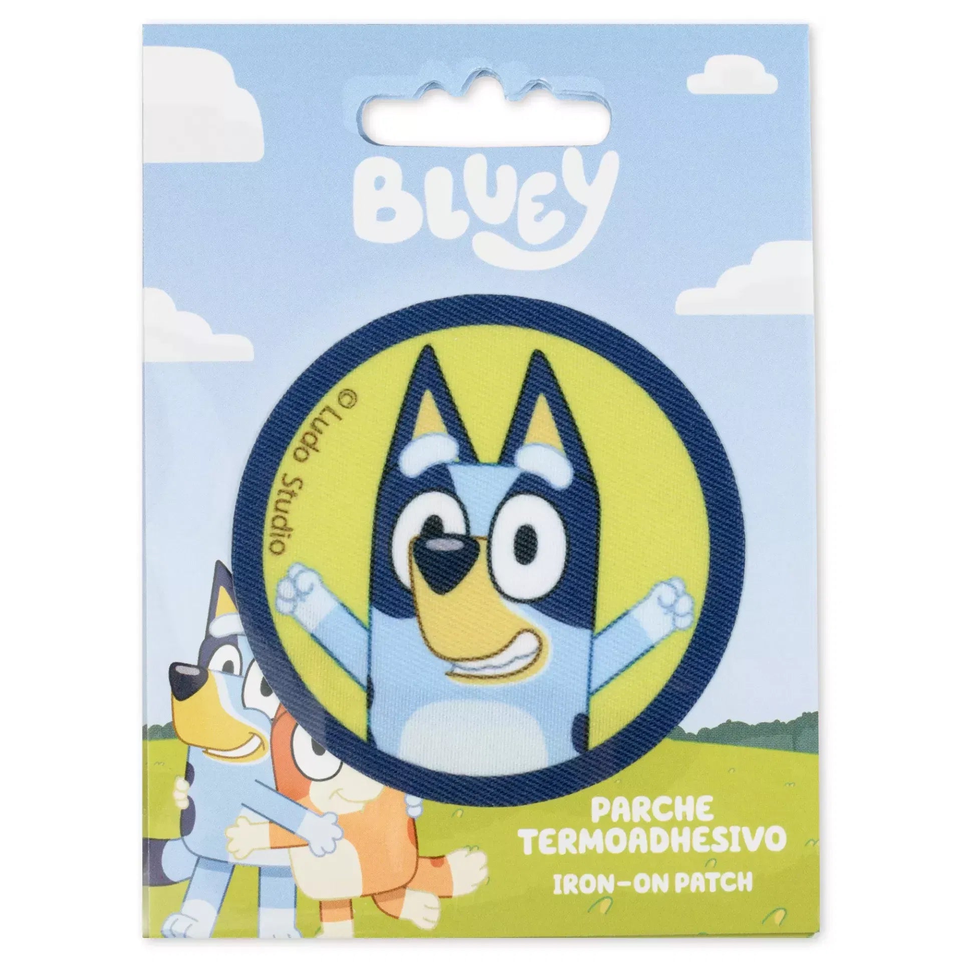 Bluey iron-on patch with Bluey character on a yellow circle.