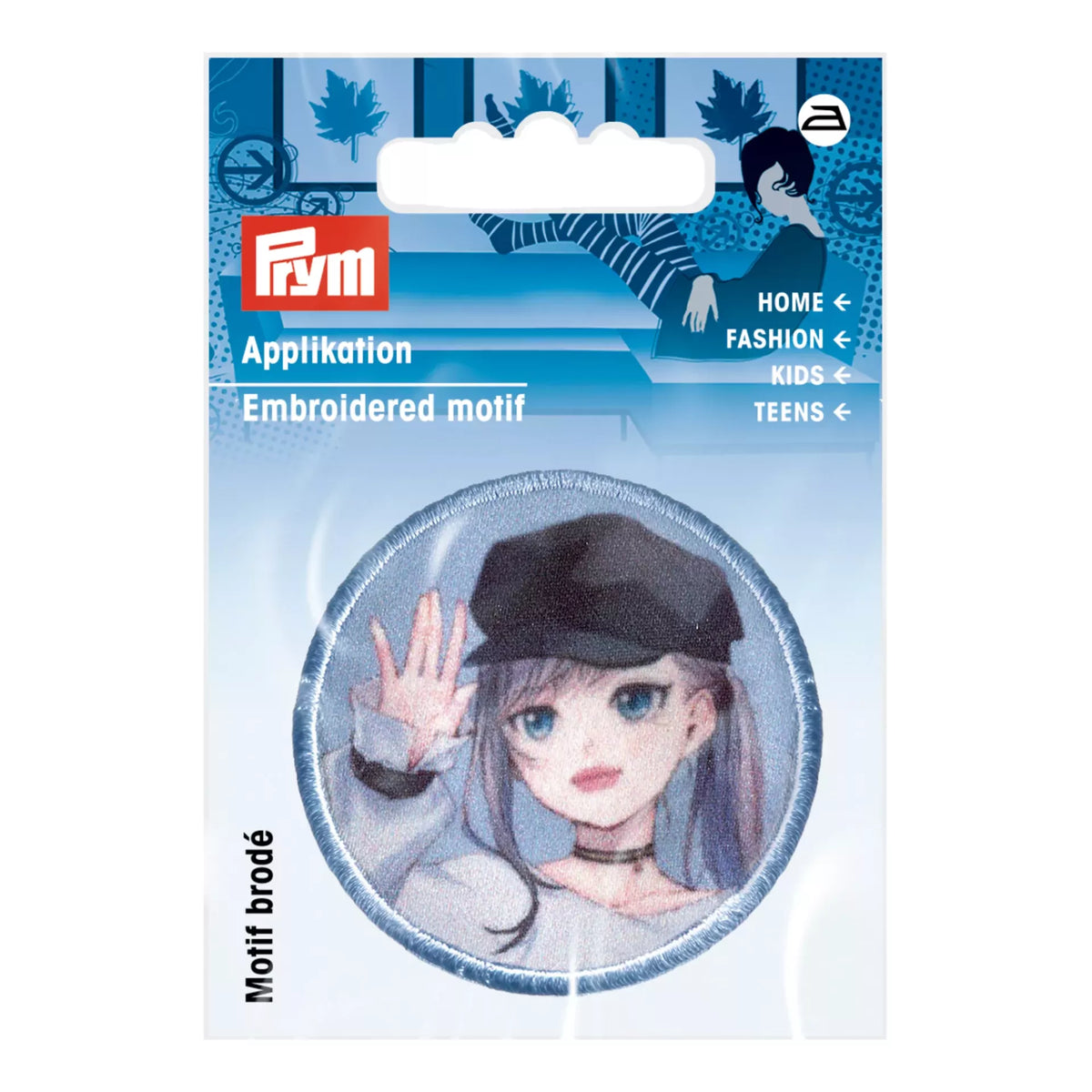Prym iron-on round appliqué featuring a K-Pop style girl with a black cap and blue hair.