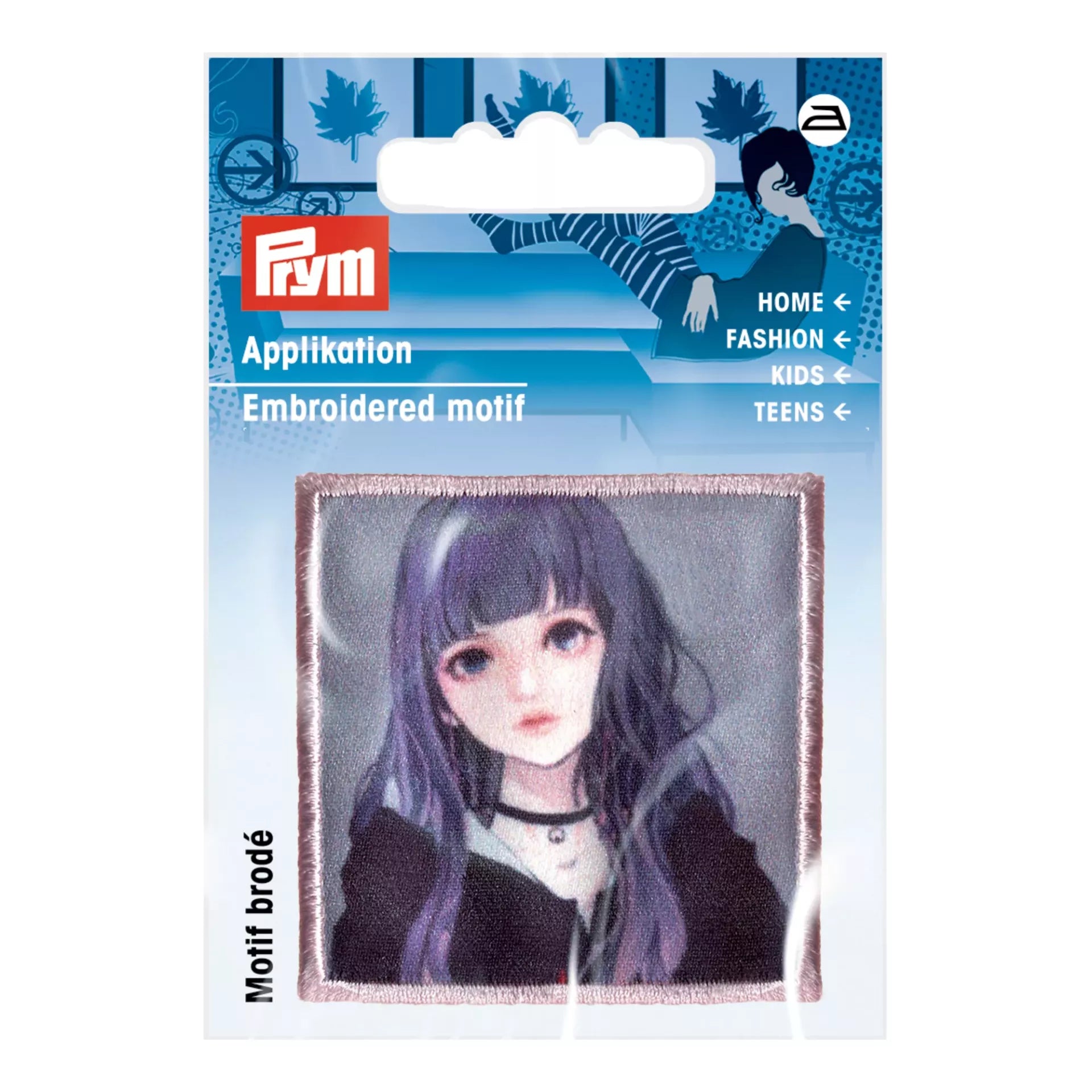 Prym iron-on appliqué featuring a K-Pop style girl with purple hair on a 50x50mm square patch.