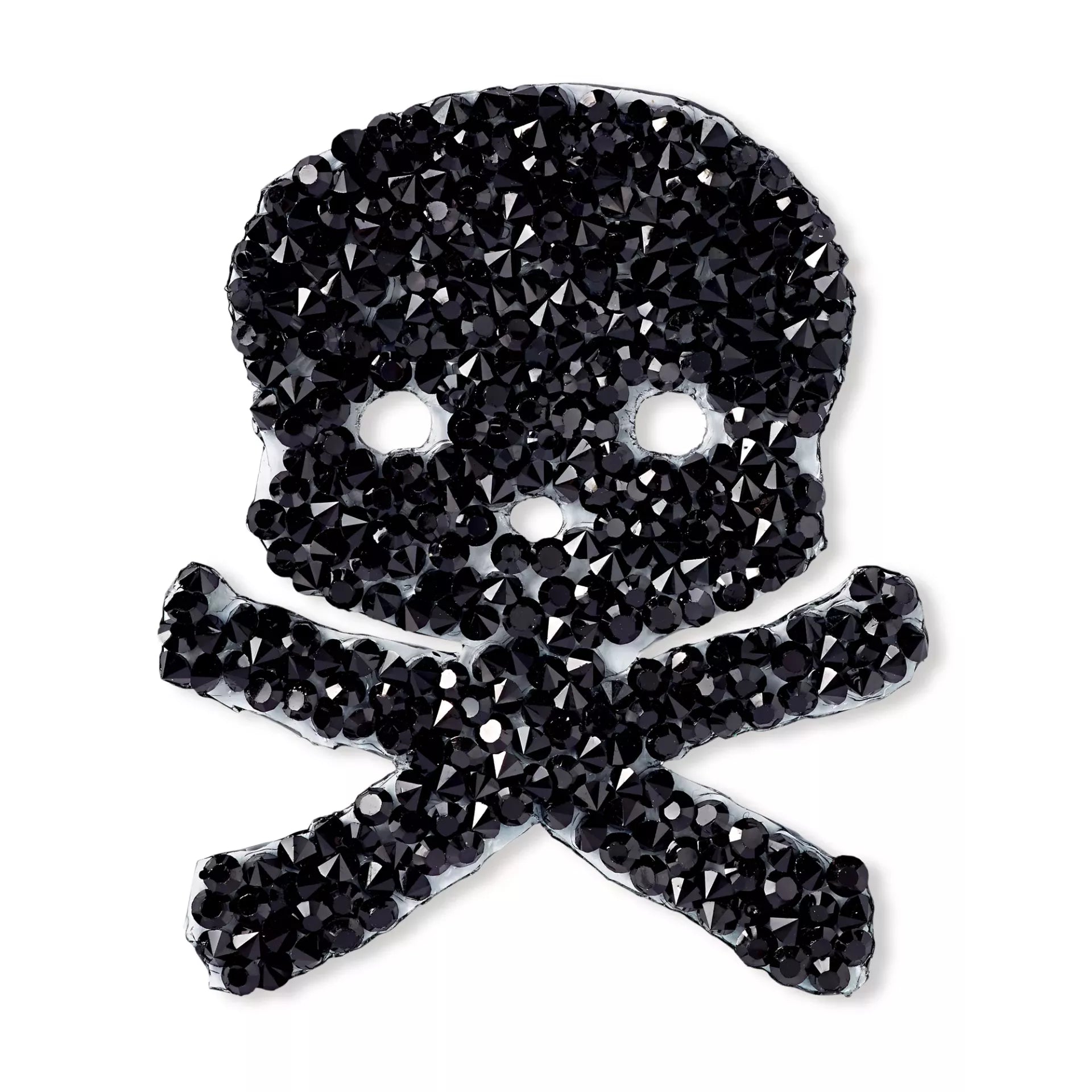 A skull and crossbones iron-on patch made of shimmering black faceted rhinestones.