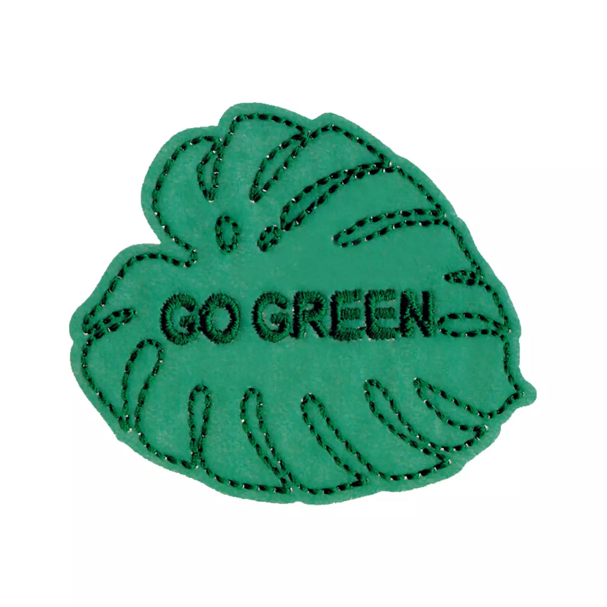 Prym iron-on leaf appliqué in green with embroidered 'GO GREEN' text, made from recycled plastic.