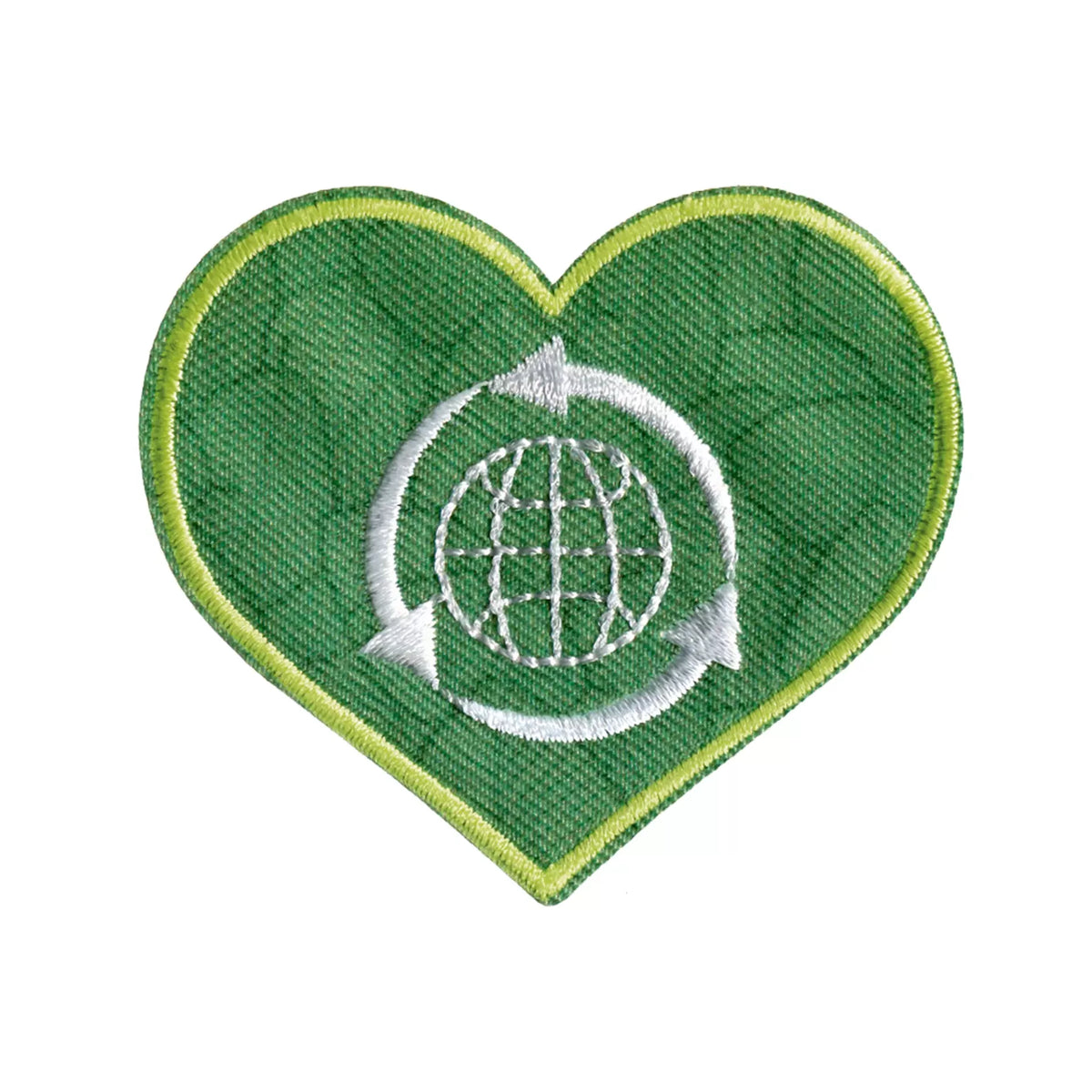 Prym green heart-shaped iron-on appliqué with white recycled globe and arrows symbol.