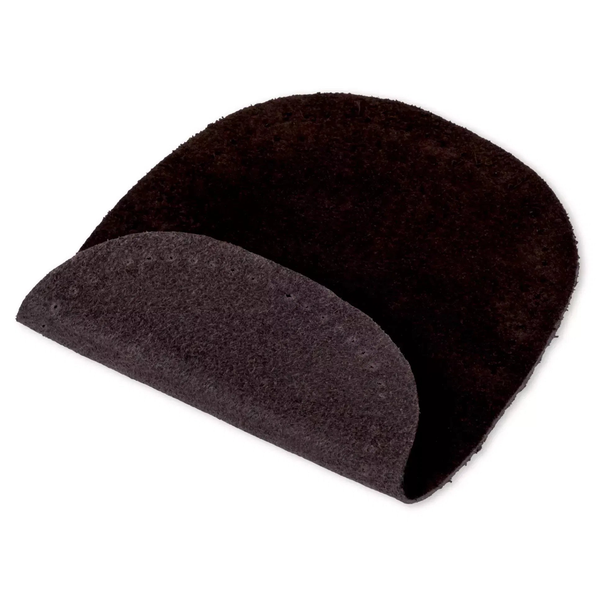 Two dark brown oval suede patches with pre-punched holes for sewing on clothing.