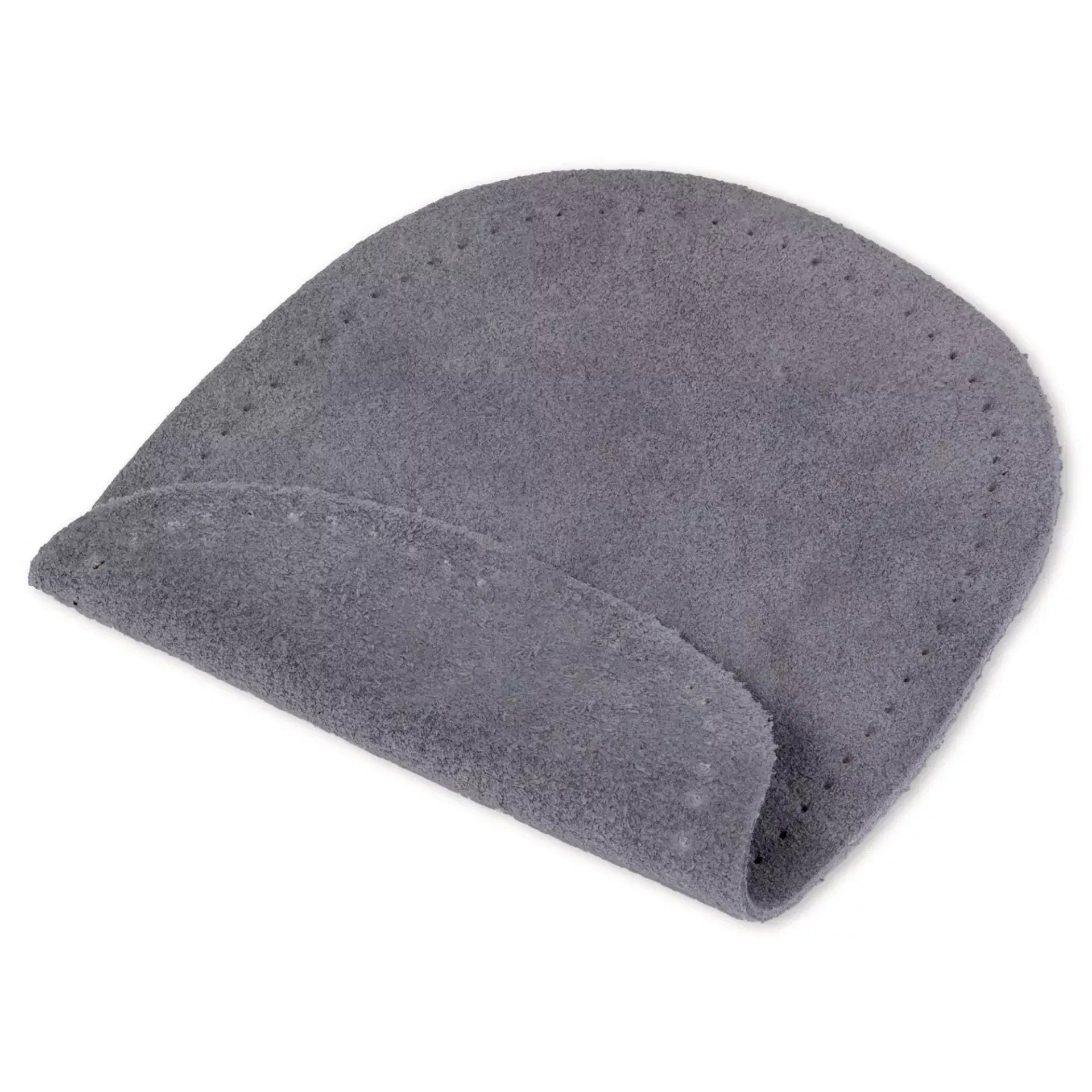 A pair of grey oval suede patches with pre-punched holes for sewing onto clothing.