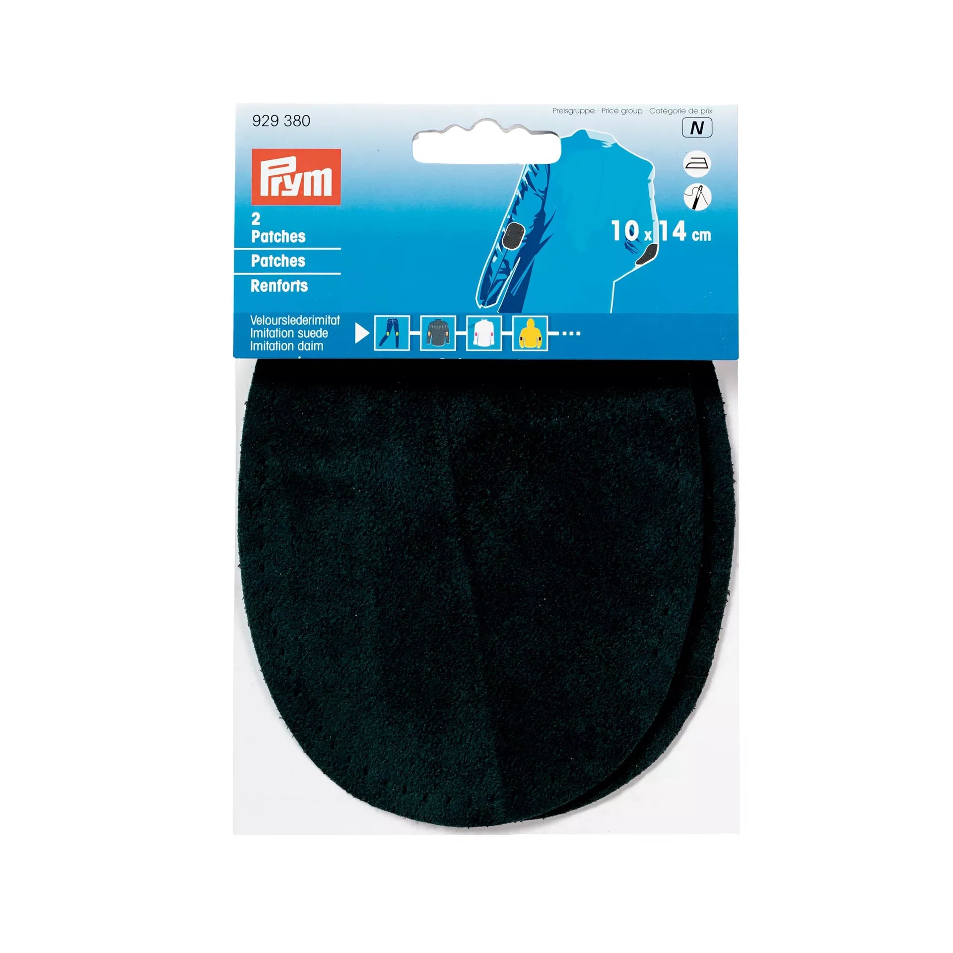 Pack of two black oval iron-on imitation suede patches measuring 10 by 14 centimeters.