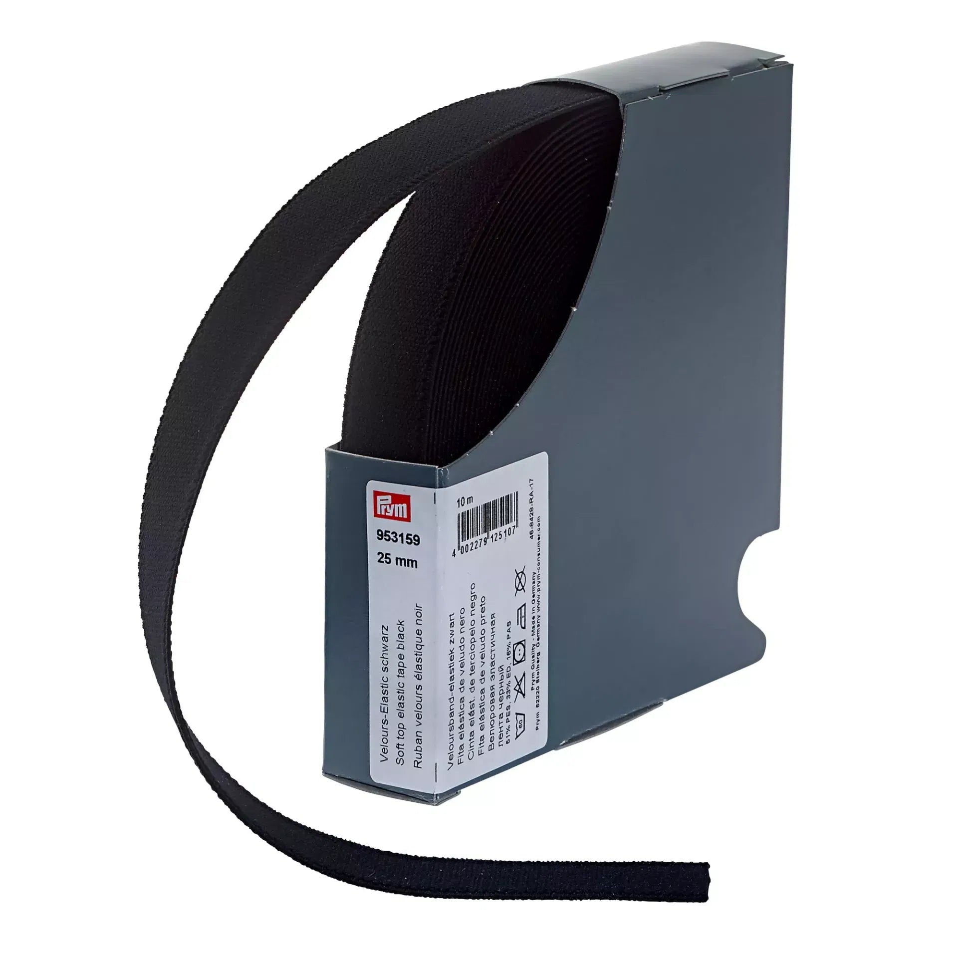 A roll of black Prym velour elastic tape with a soft top texture in its grey cardboard packaging.