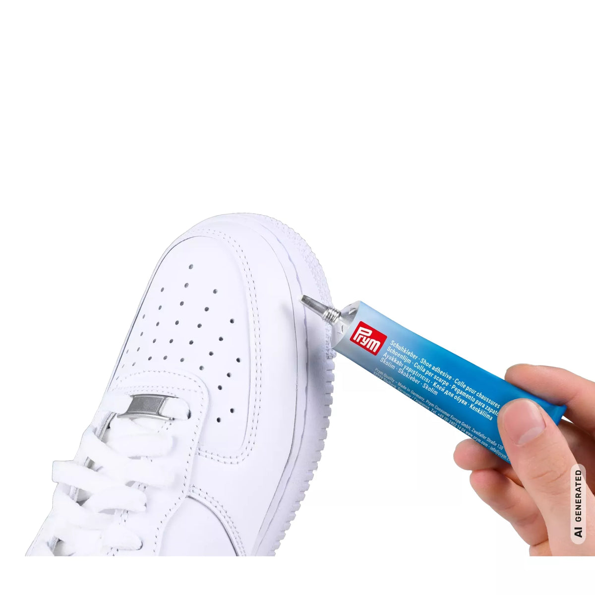 A hand applying Prym shoe adhesive from a blue tube to the sole edge of a white sneaker.