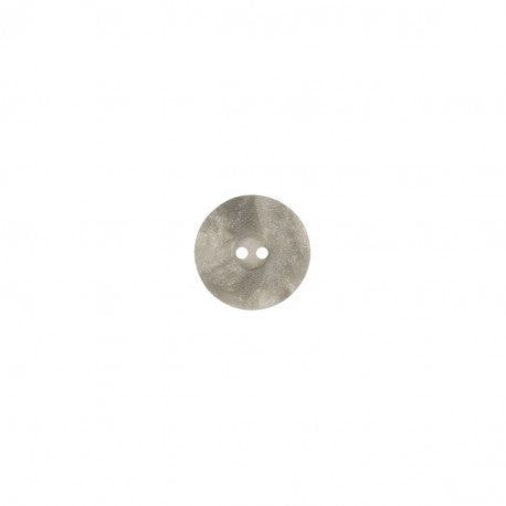 A round grey sewing button with a vintage lace texture and two center holes.