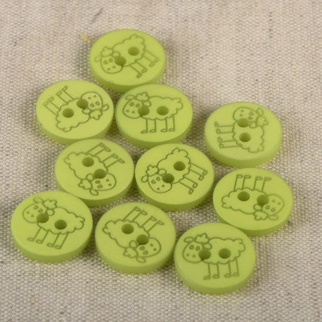 A collection of ten lime green 15mm polyester buttons featuring an engraved sheep design.