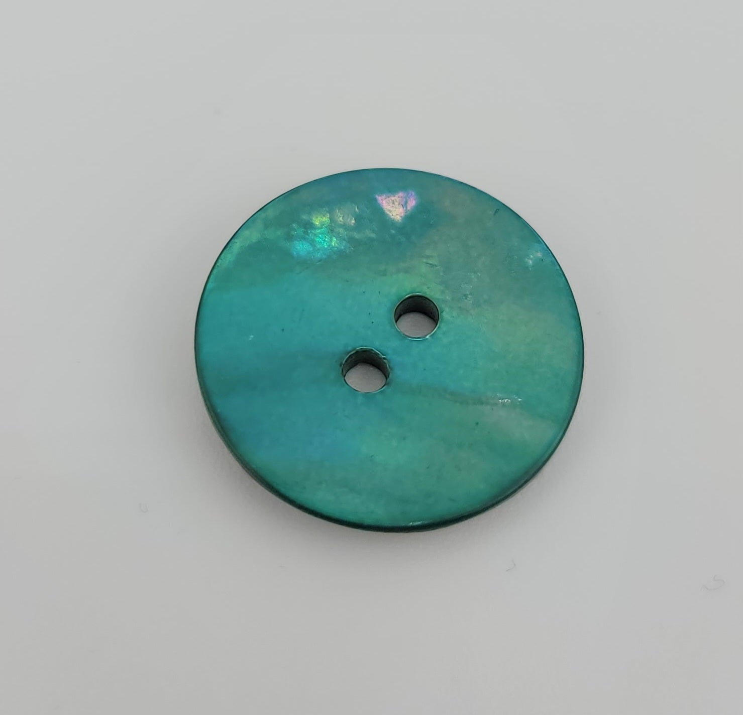 A 20mm iridescent teal shell button with two holes.