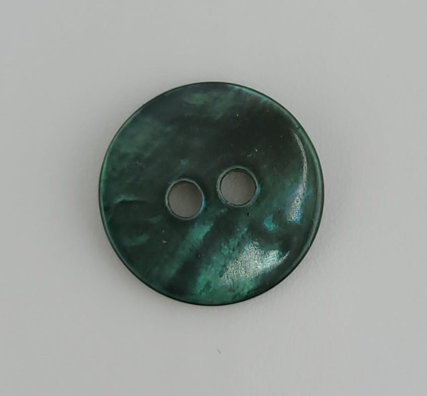 A 10mm round dark green shell button with two holes.