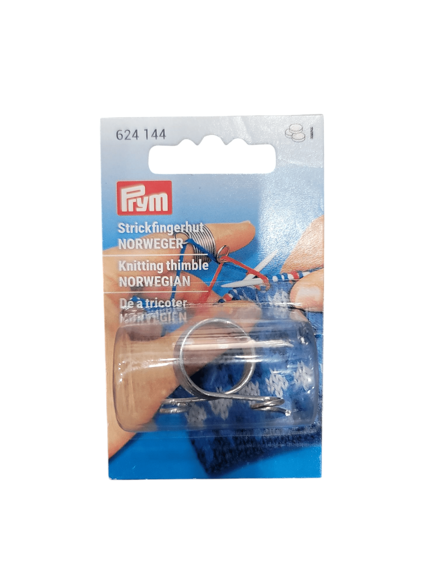 Prym Norwegian knitting thimble made of silver-colored metal.