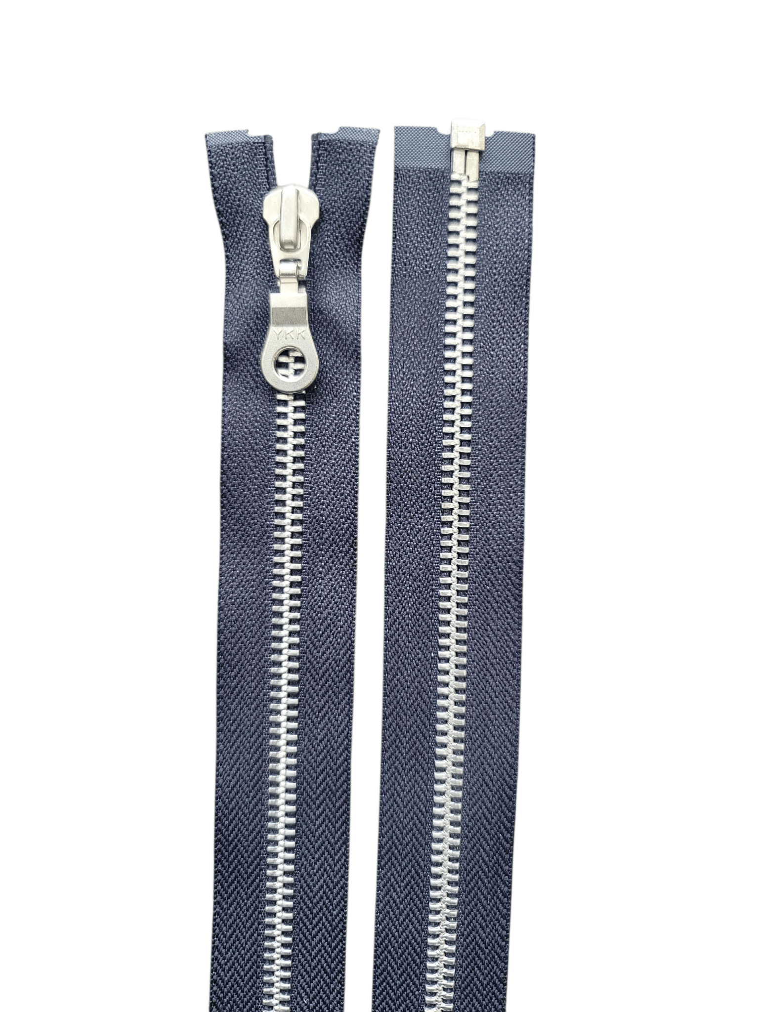 YKK Silver Metal, Open End Navy Zip, 38cm - Galedi Pins