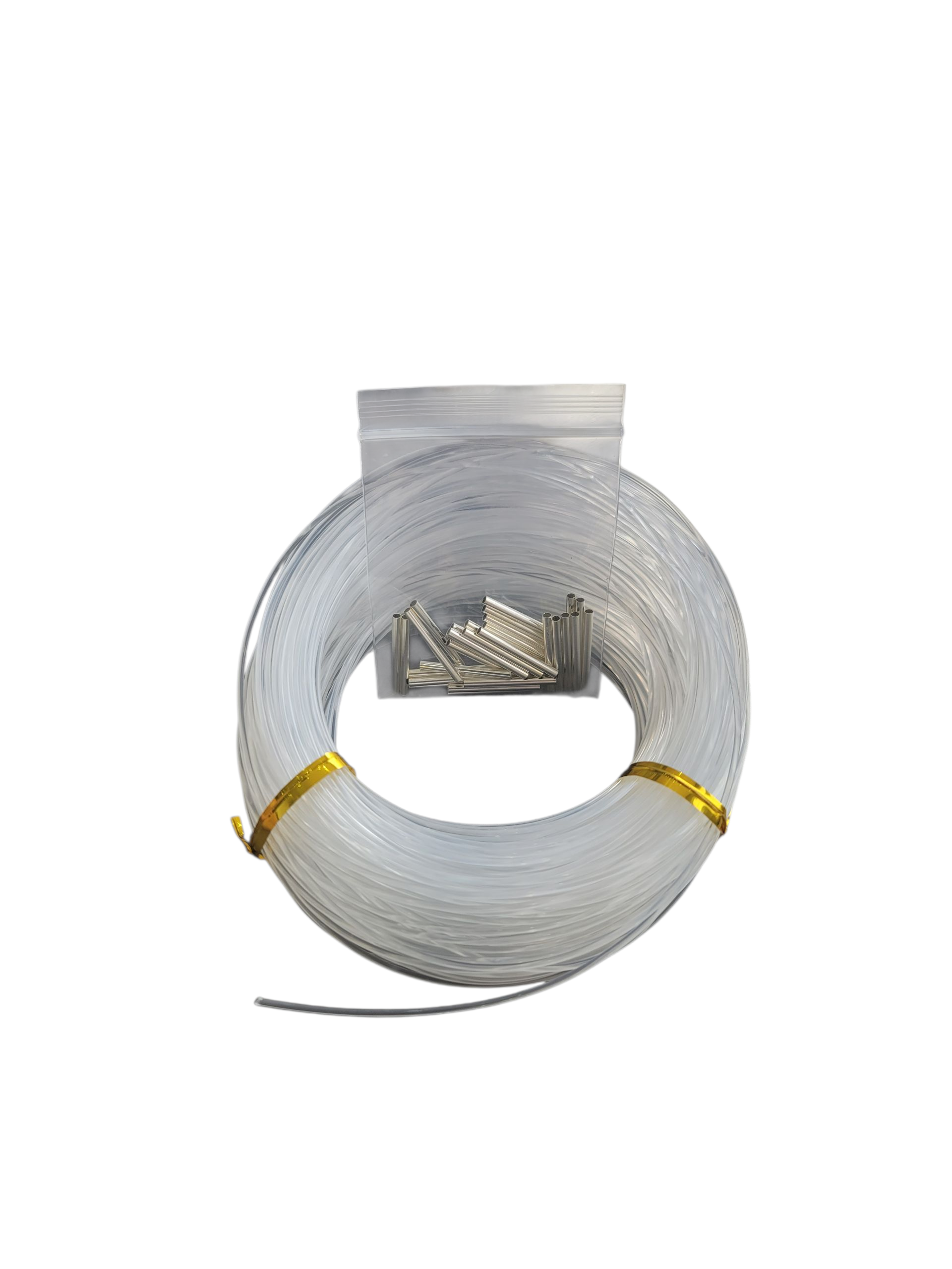 Transparent round soft corset bone with brass crimp tube beads.