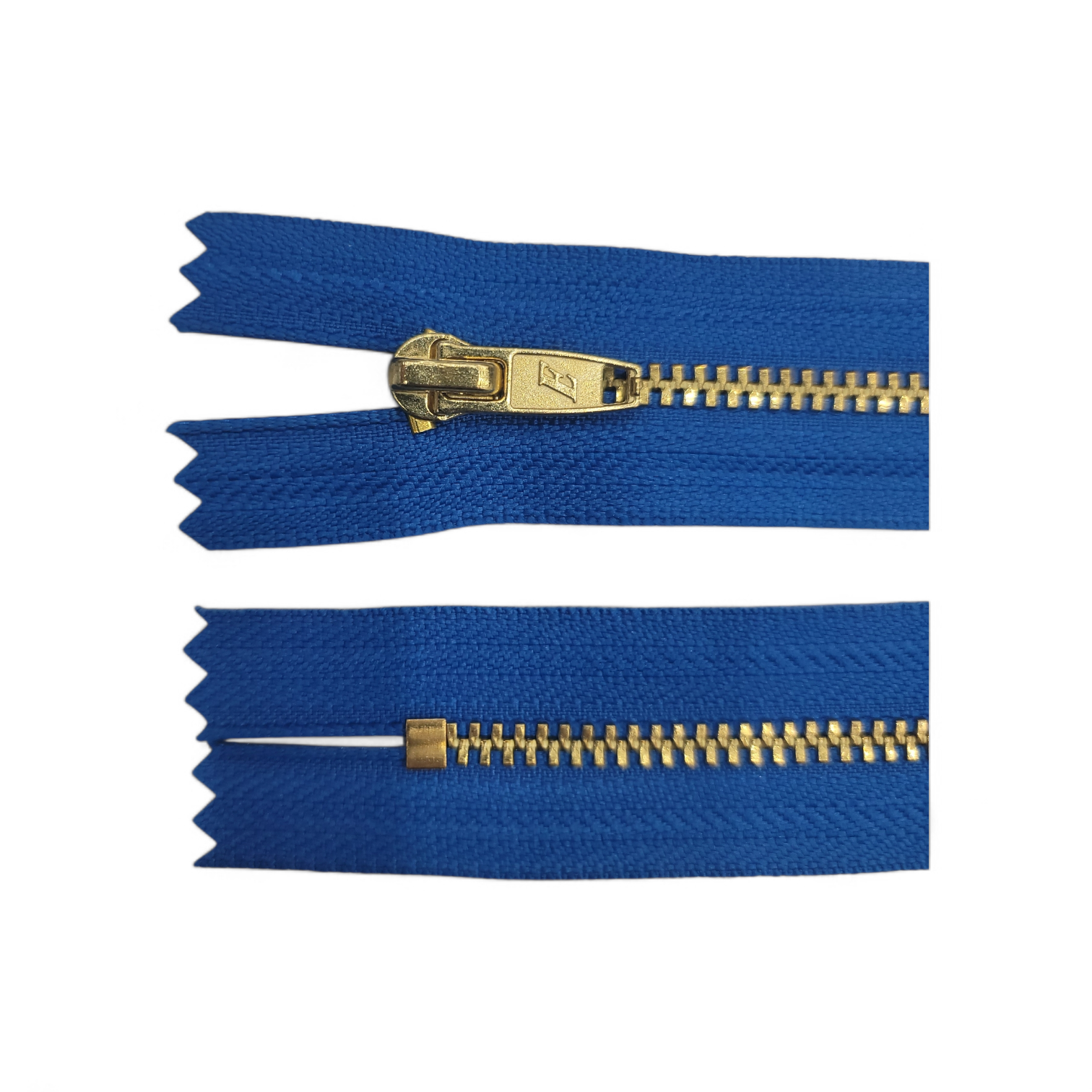 YKK size 3 closed end gold metal zip with blue fabric.