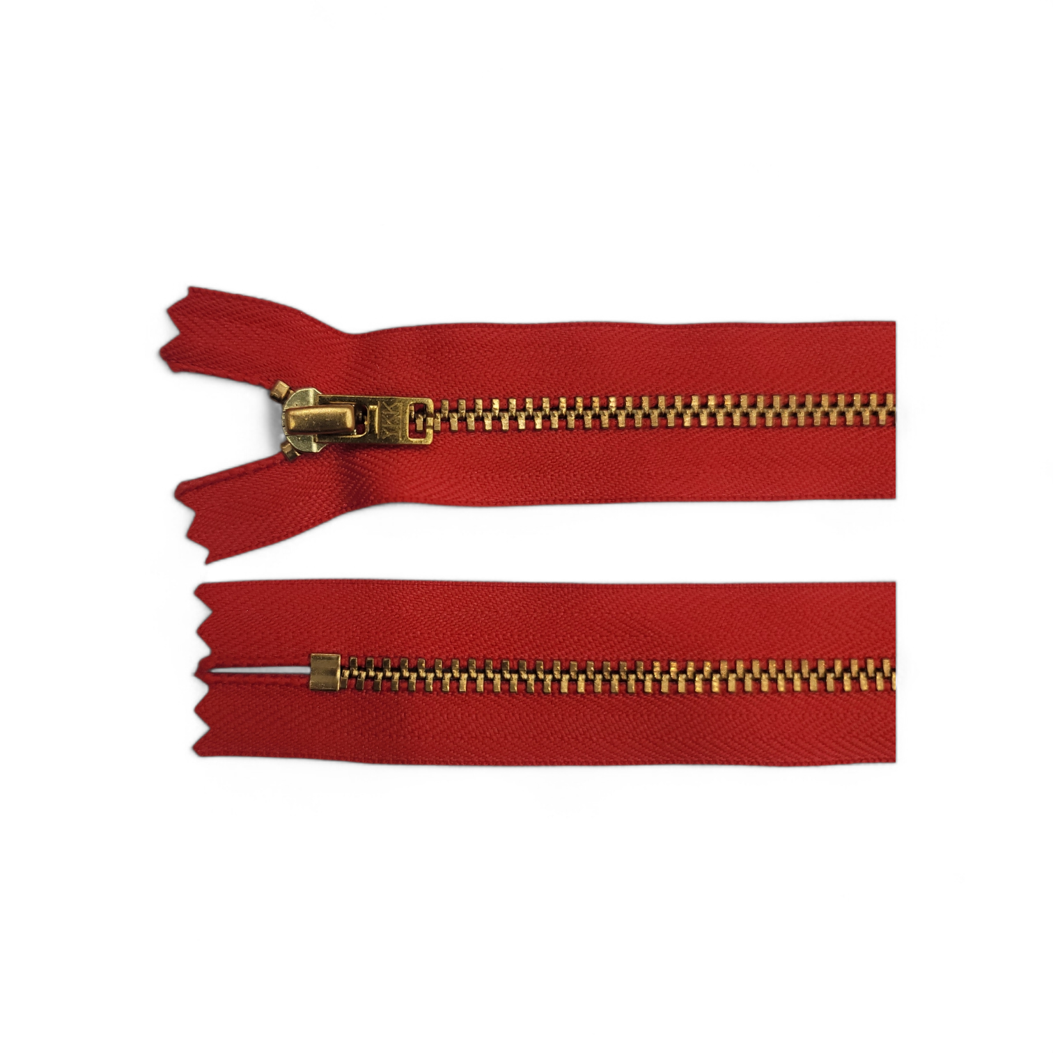 Red YKK closed end gold metal zipper with brass teeth.