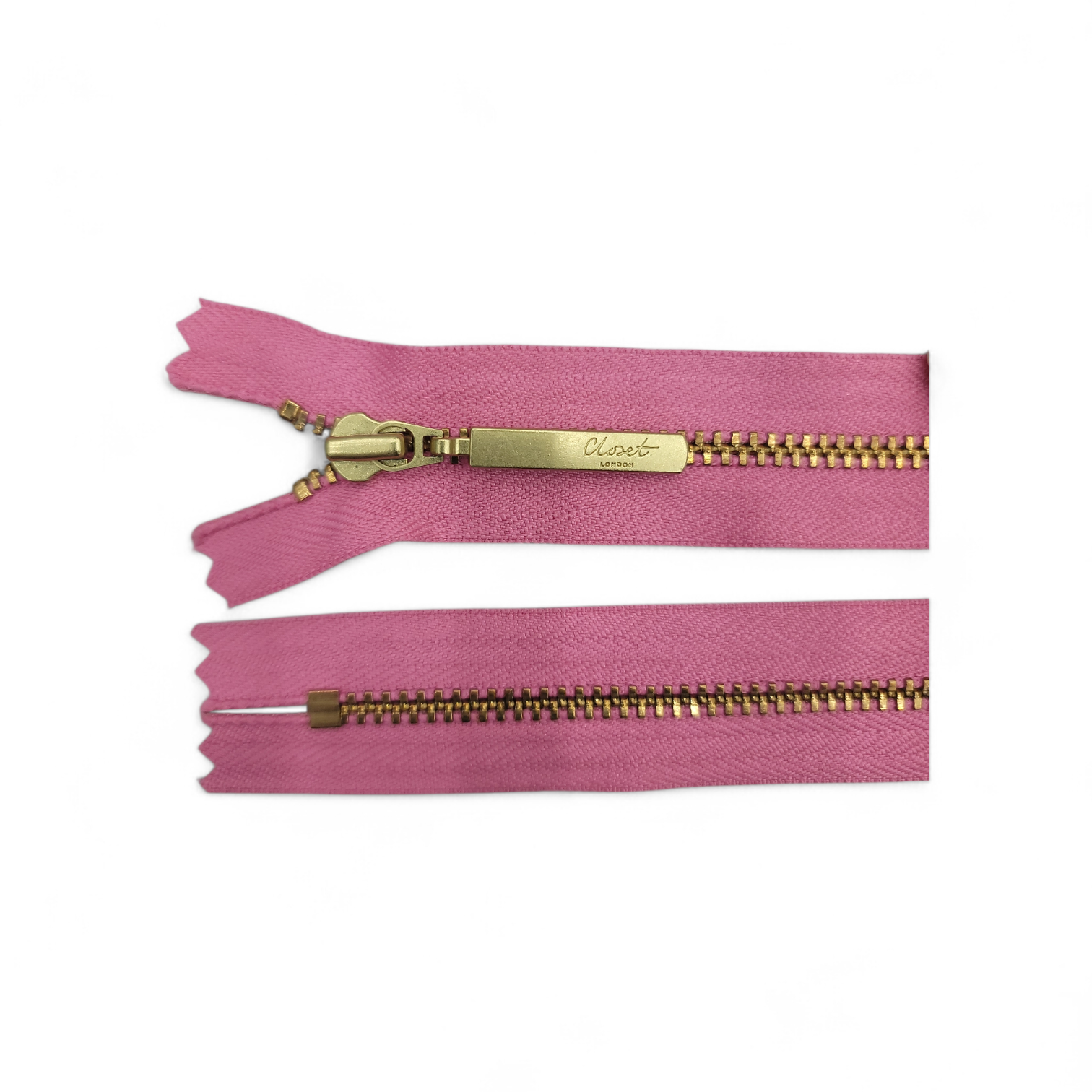 Pink zipper with gold teeth and a gold pull tab.