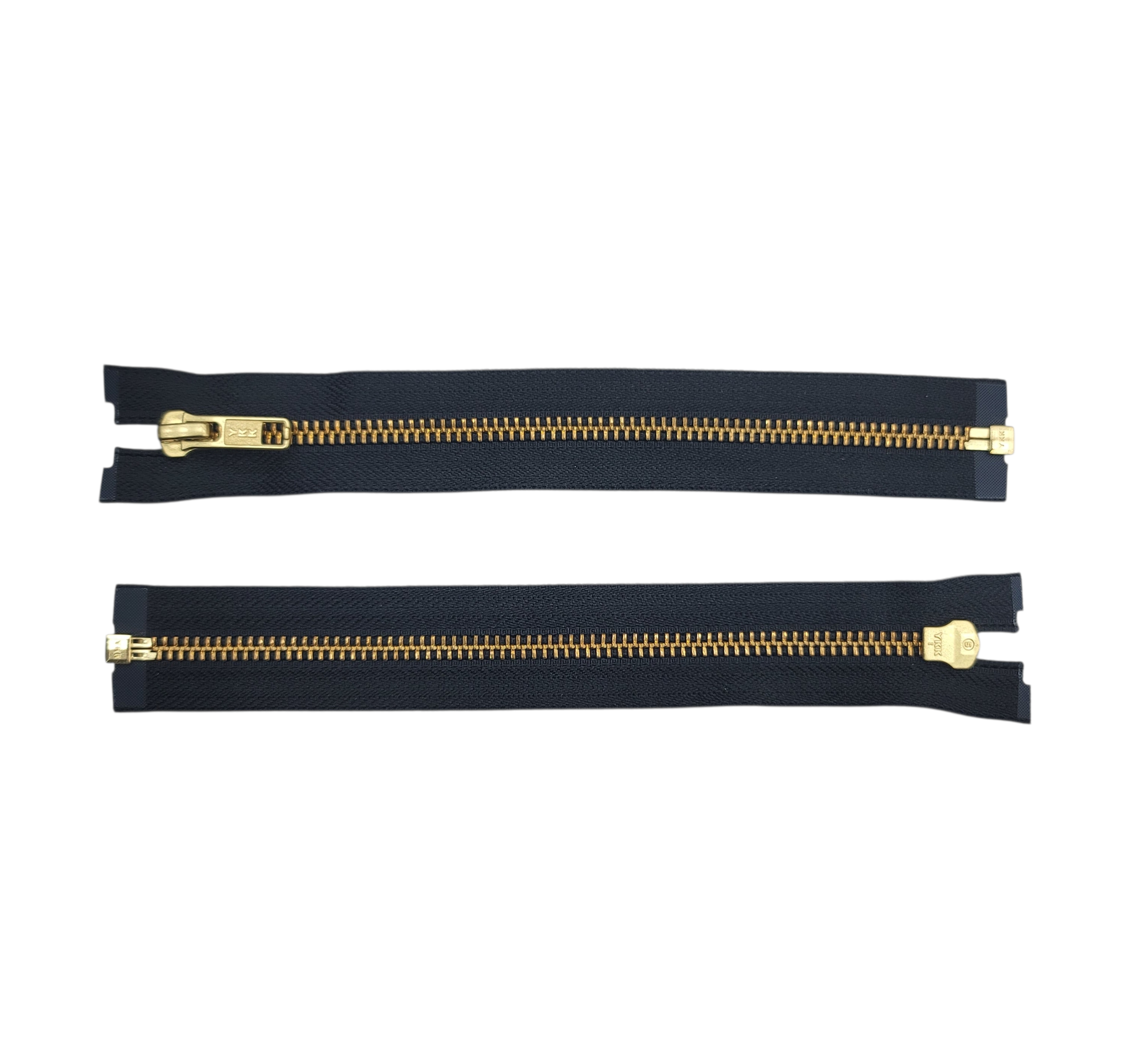 Two black zippers with gold metal teeth and pull tabs, one open-ended.