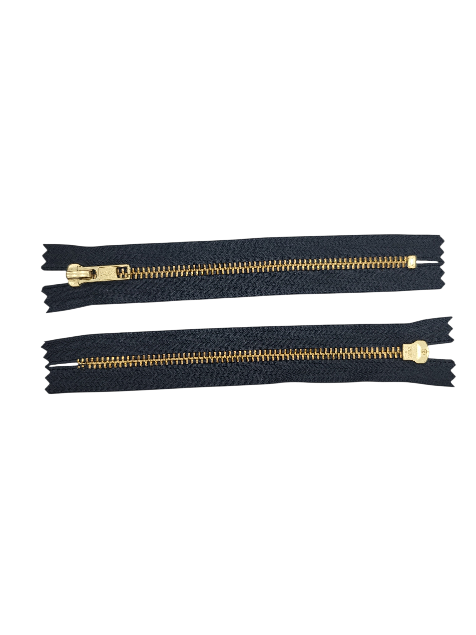 Two black zippers with gold metal teeth and pull tabs.