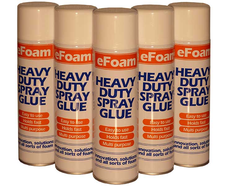 Five cans of eFoam Heavy Duty Spray Glue for multi-purpose use.