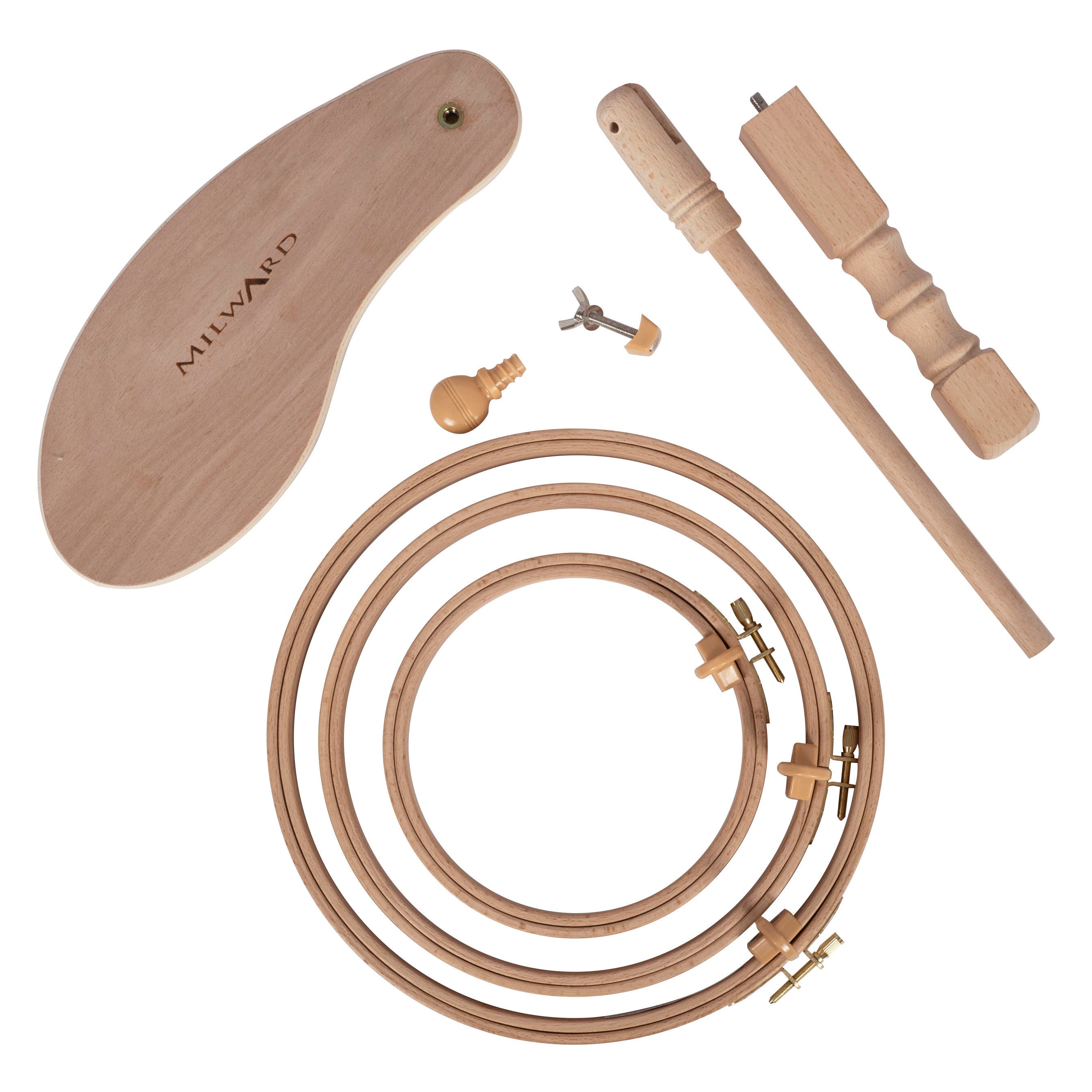 Beech wood seat frame components with 6, 8, and 10 inch embroidery hoops and assembly hardware.