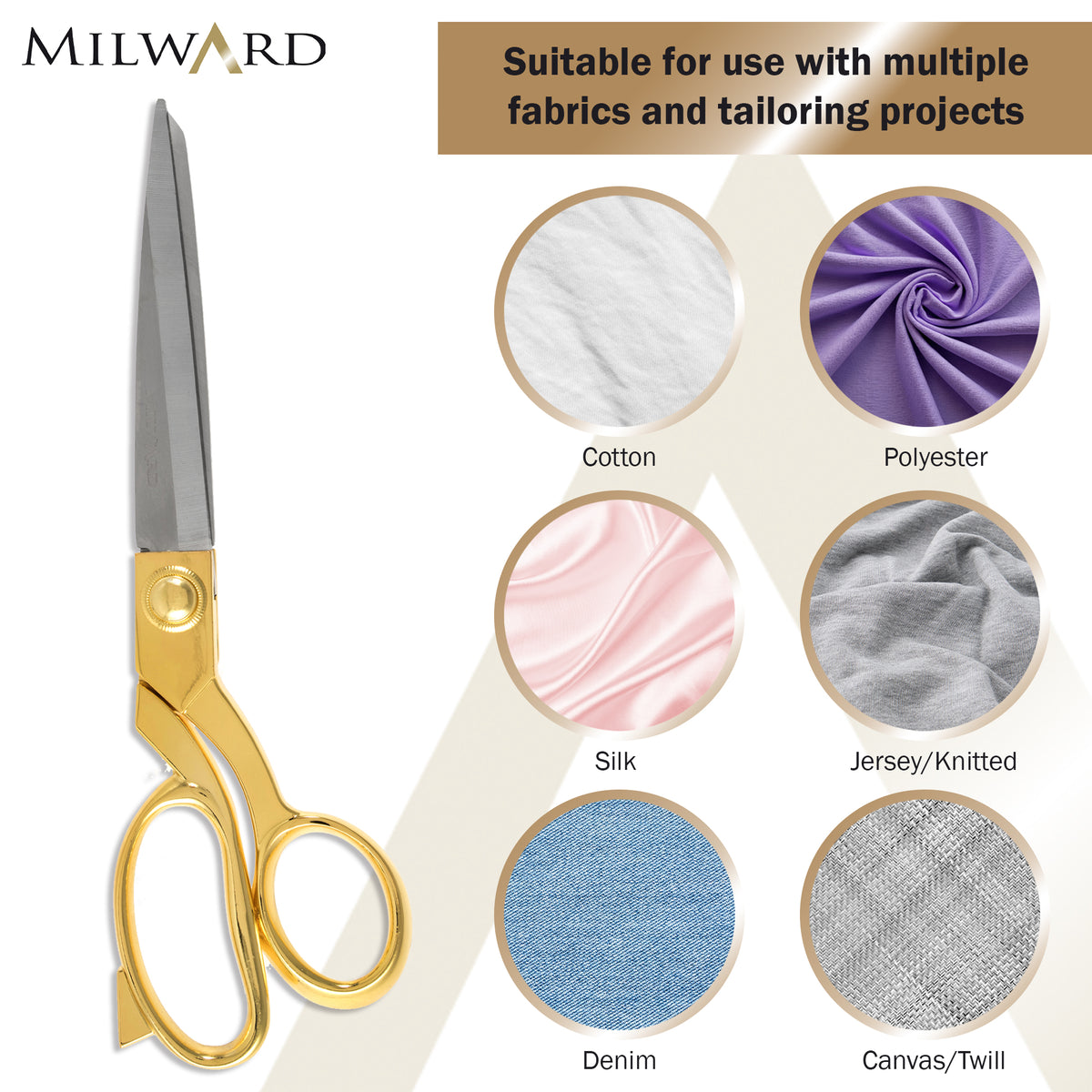 Gold-handled dressmaking scissors shown with cotton, polyester, silk, jersey, denim, and canvas.