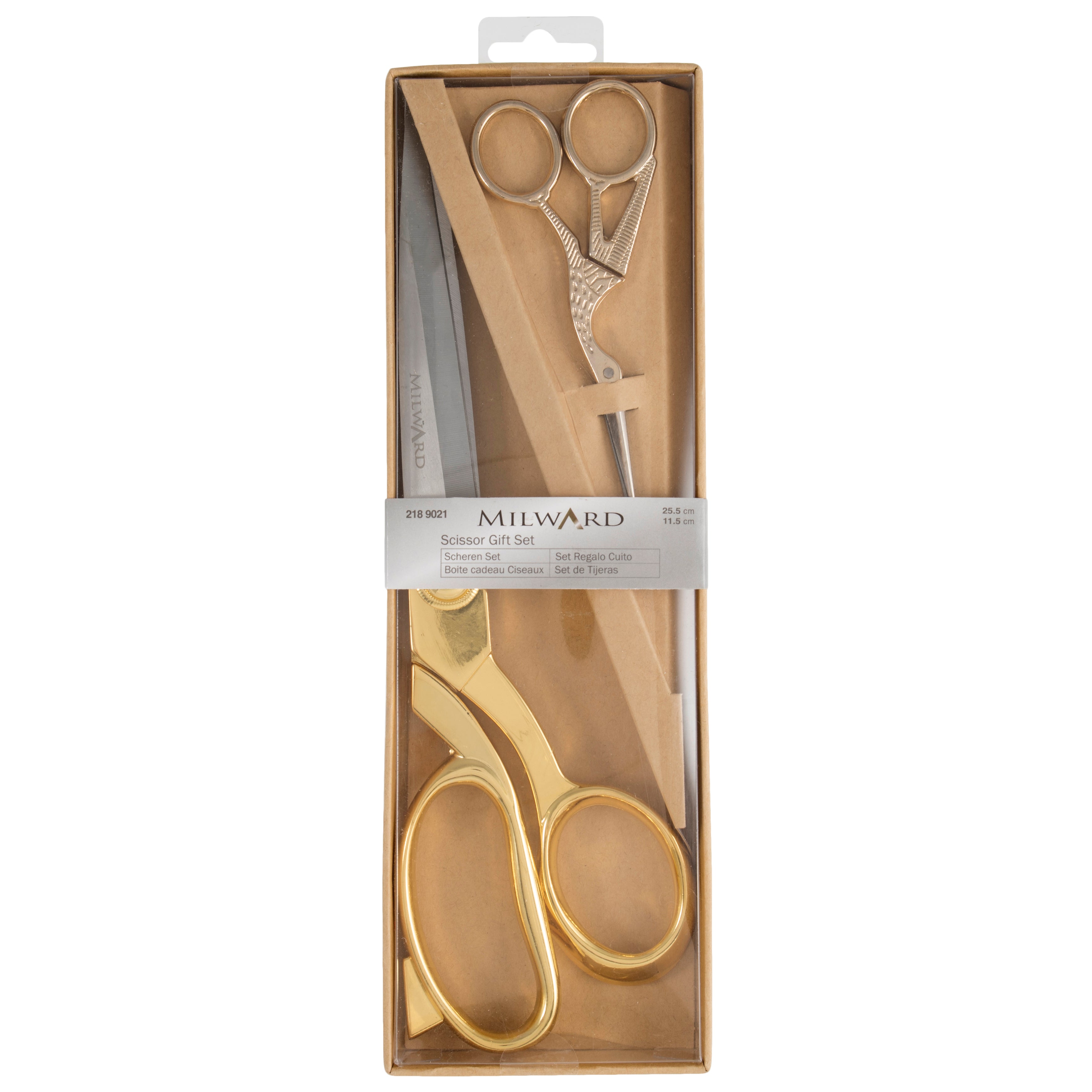 Milward gold dressmaking and stork embroidery scissors gift set in a cardboard box.