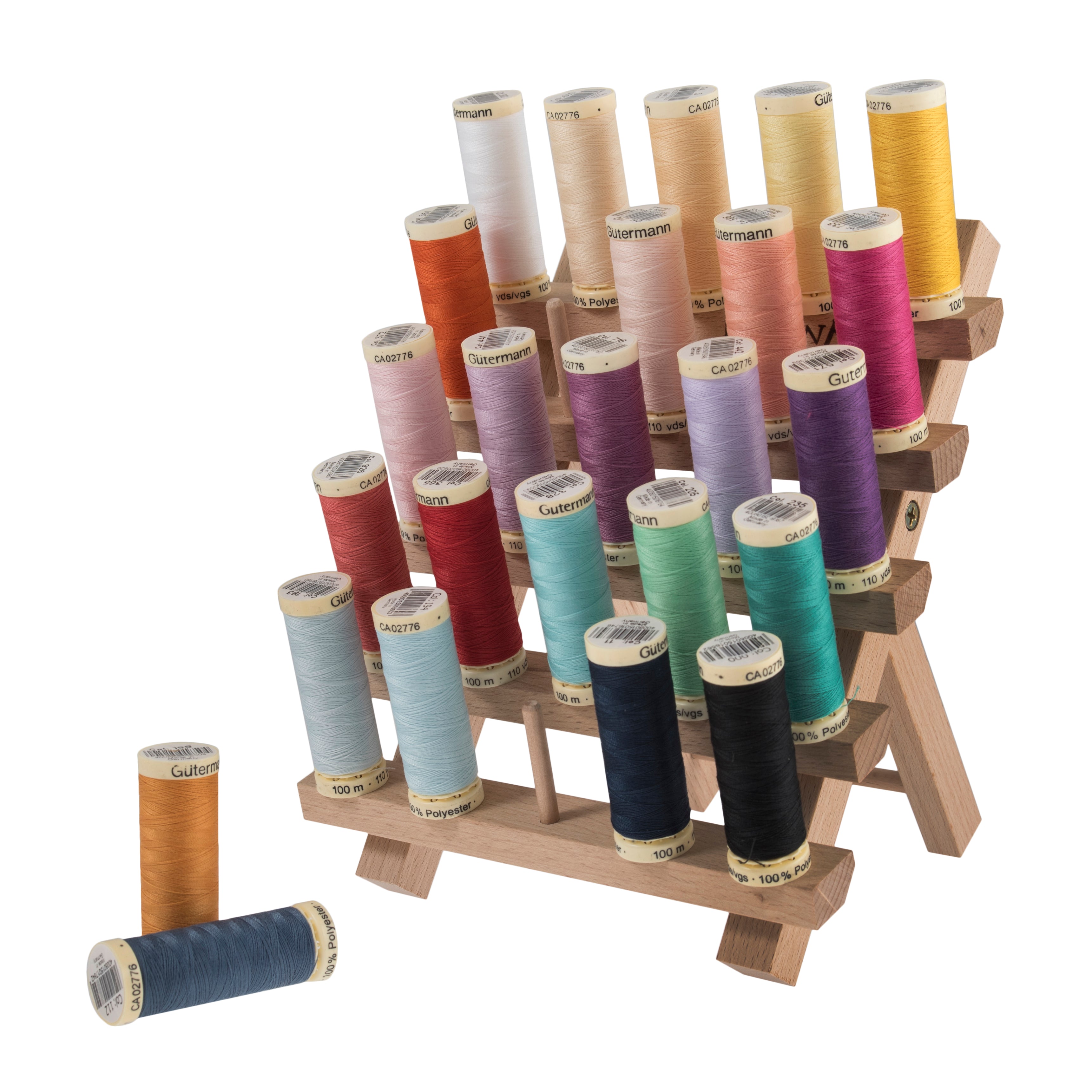 Milward beech wood spool holder displaying 25 colorful thread spools in a tiered rack.