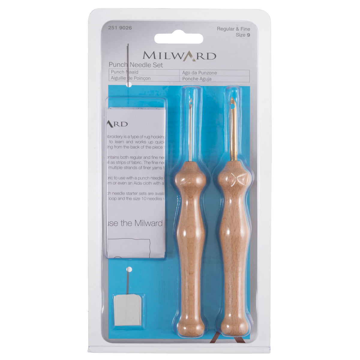Milward Punch Needle Set Size 9 with regular and fine brass needles and maple wood handles.