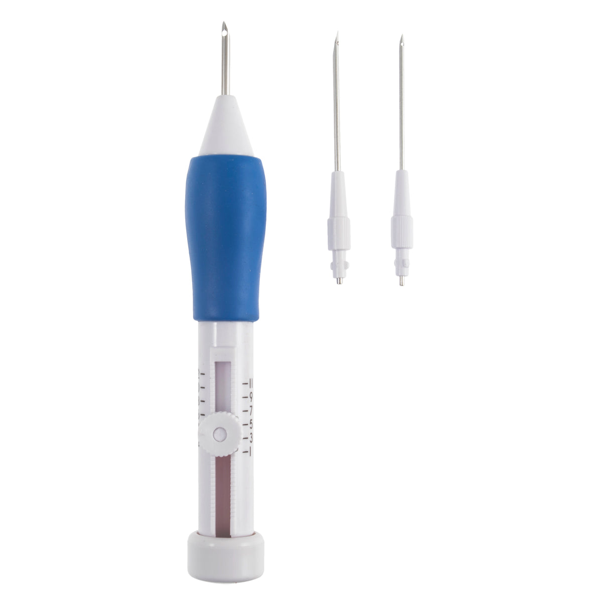 Interchangeable punch needle set with blue grip and three needle sizes: 1.3mm, 1.6mm, and 2.2mm.