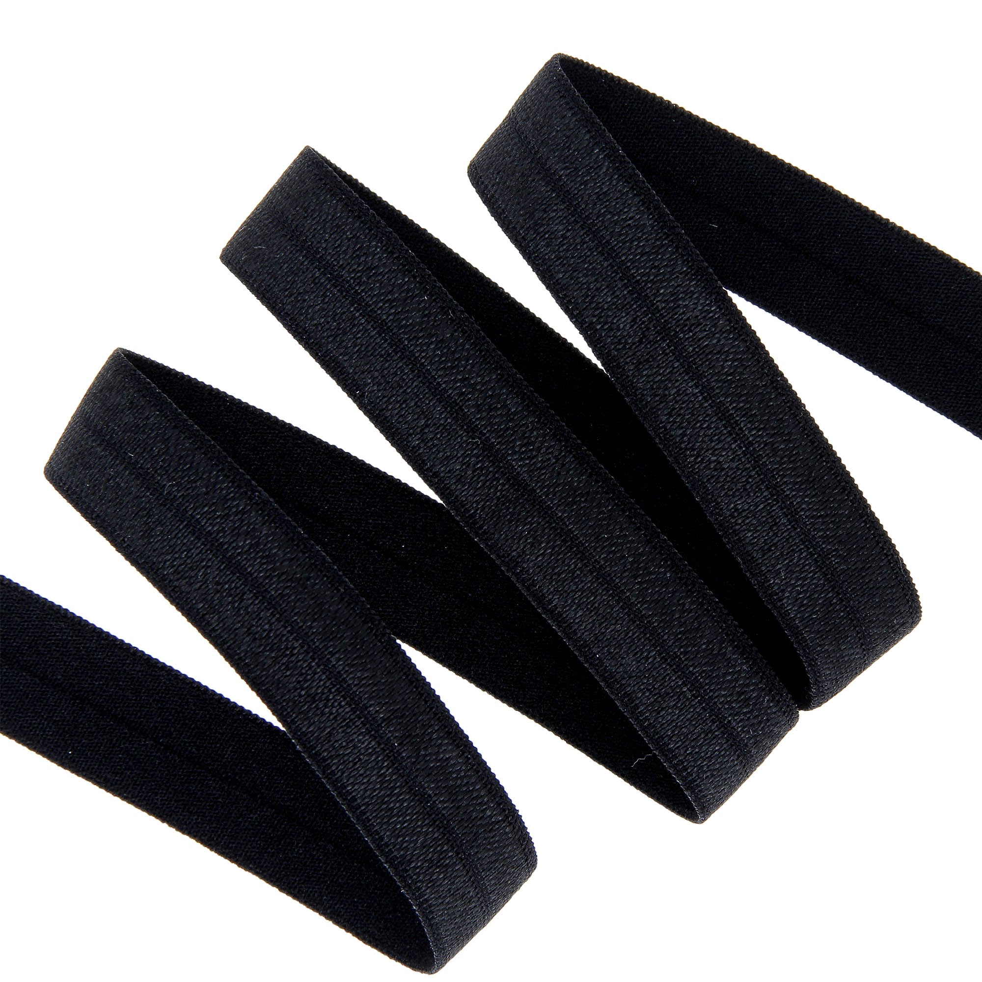 Black 15mm fold-over elastic ribbon coiled on a white background.