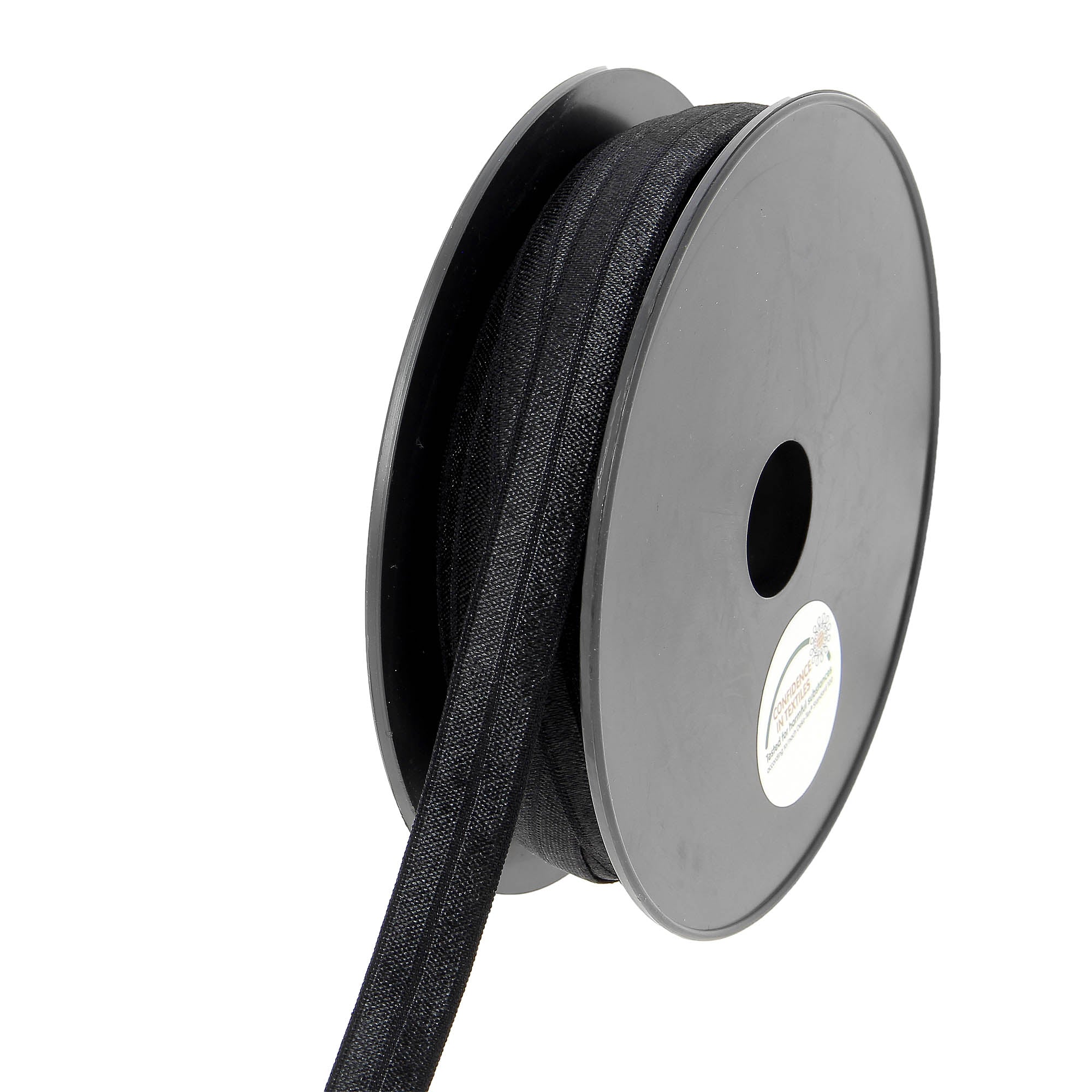 Black 15mm fold-over elastic on a grey spool with an OEKO-TEX certification sticker.