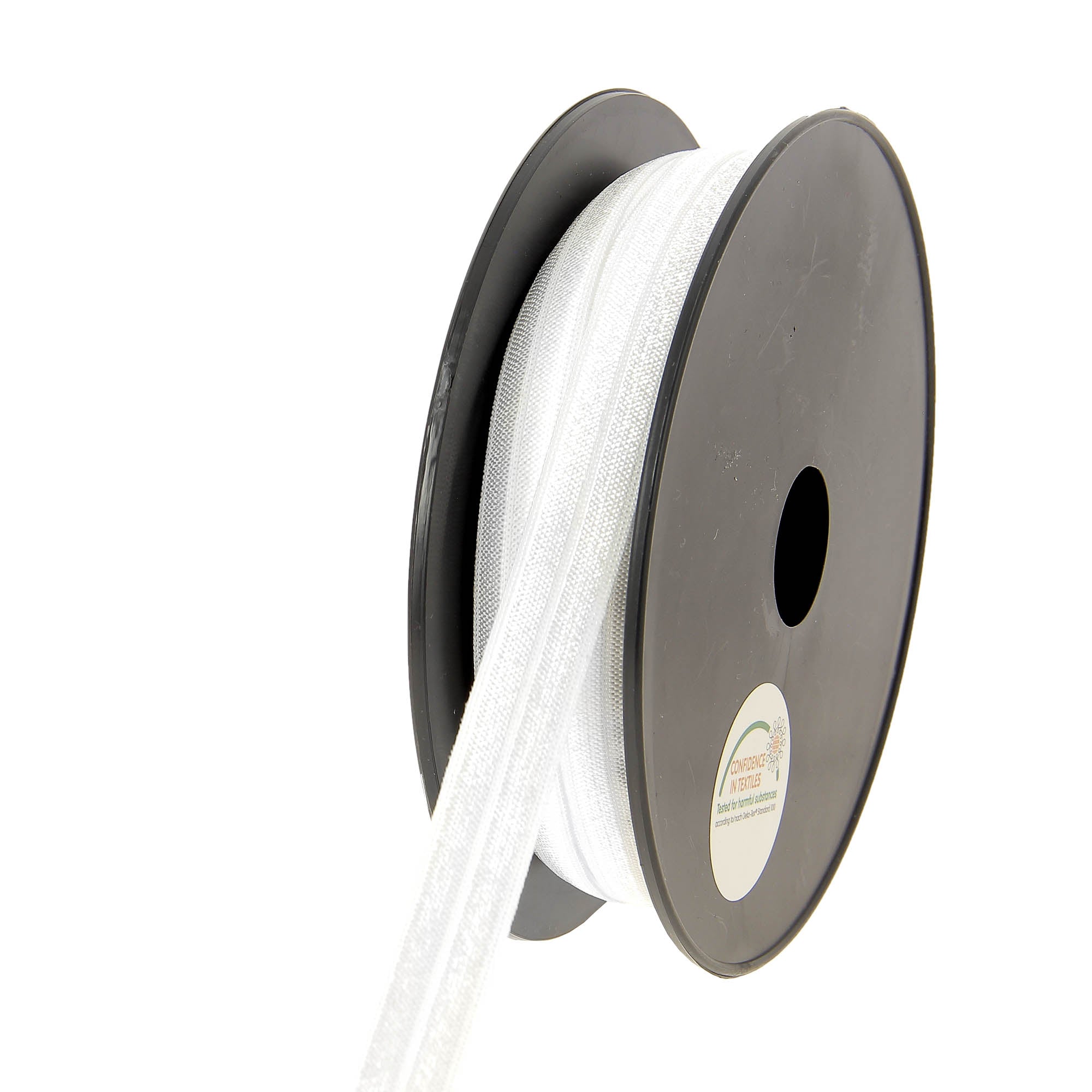 White 15mm fold-over elastic on a black spool with an OEKO-TEX certification label.