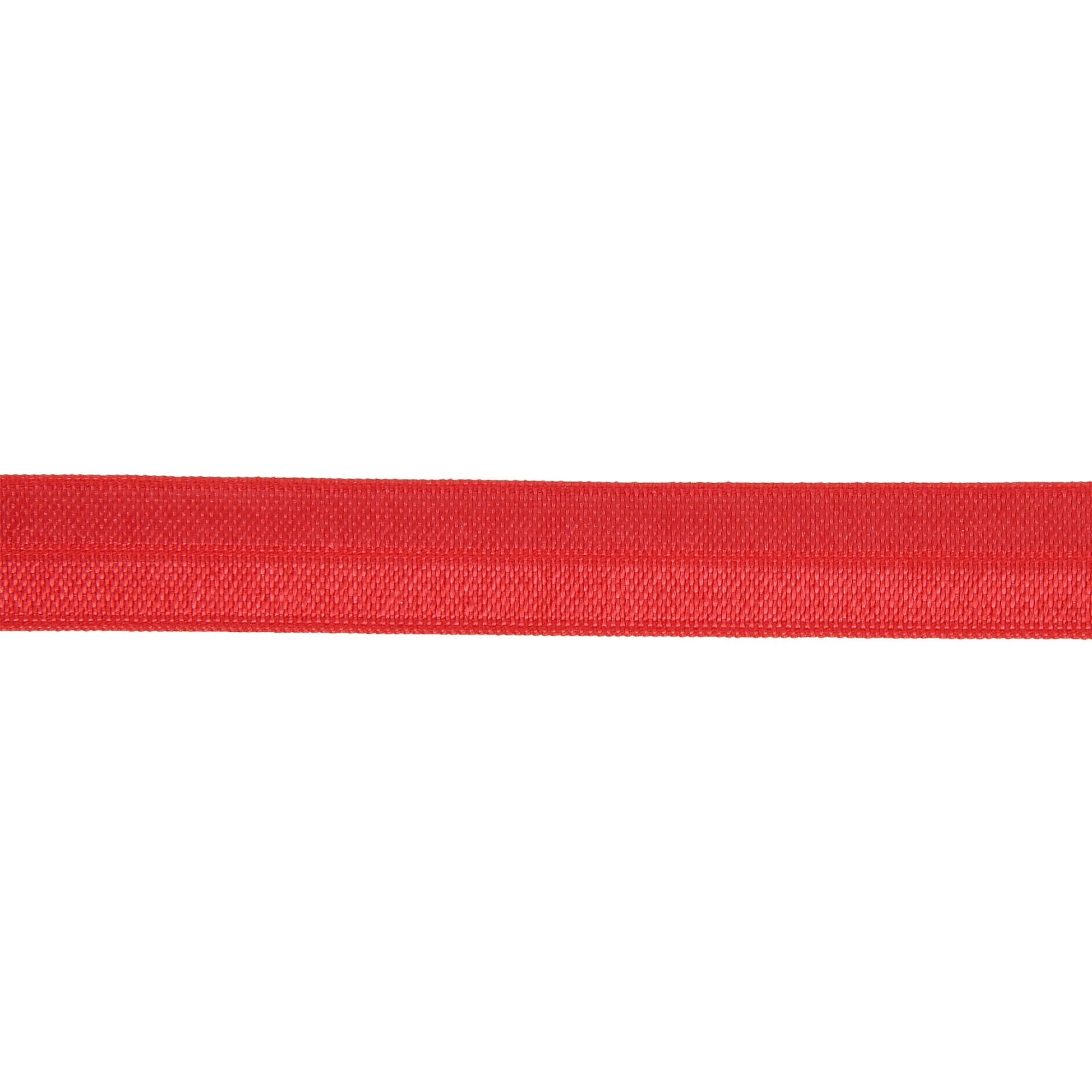 Red 15mm fold-over elastic ribbon with a central crease for sewing and crafts.
