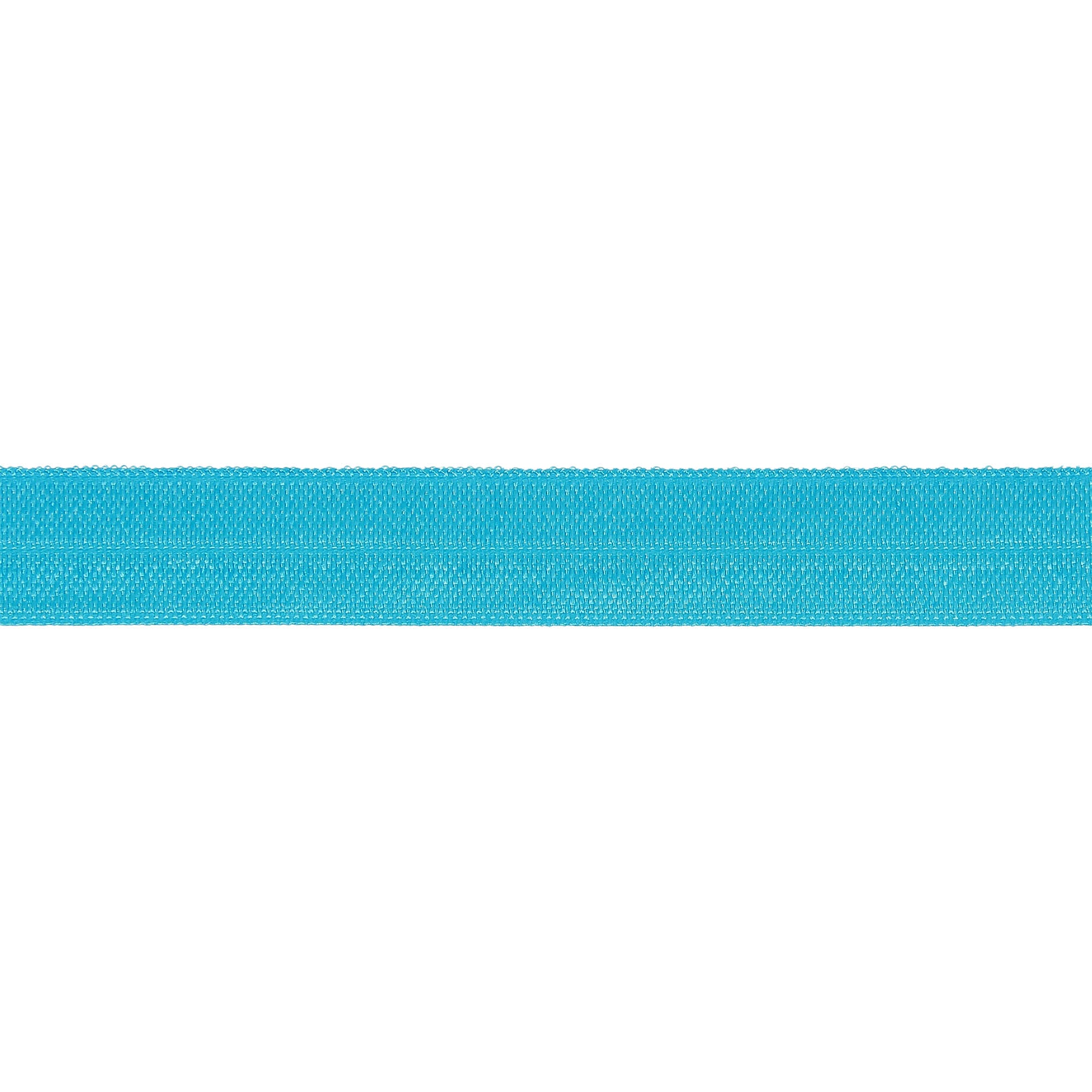 Bright blue 15mm fold-over elastic ribbon with a central crease for sewing and crafts.