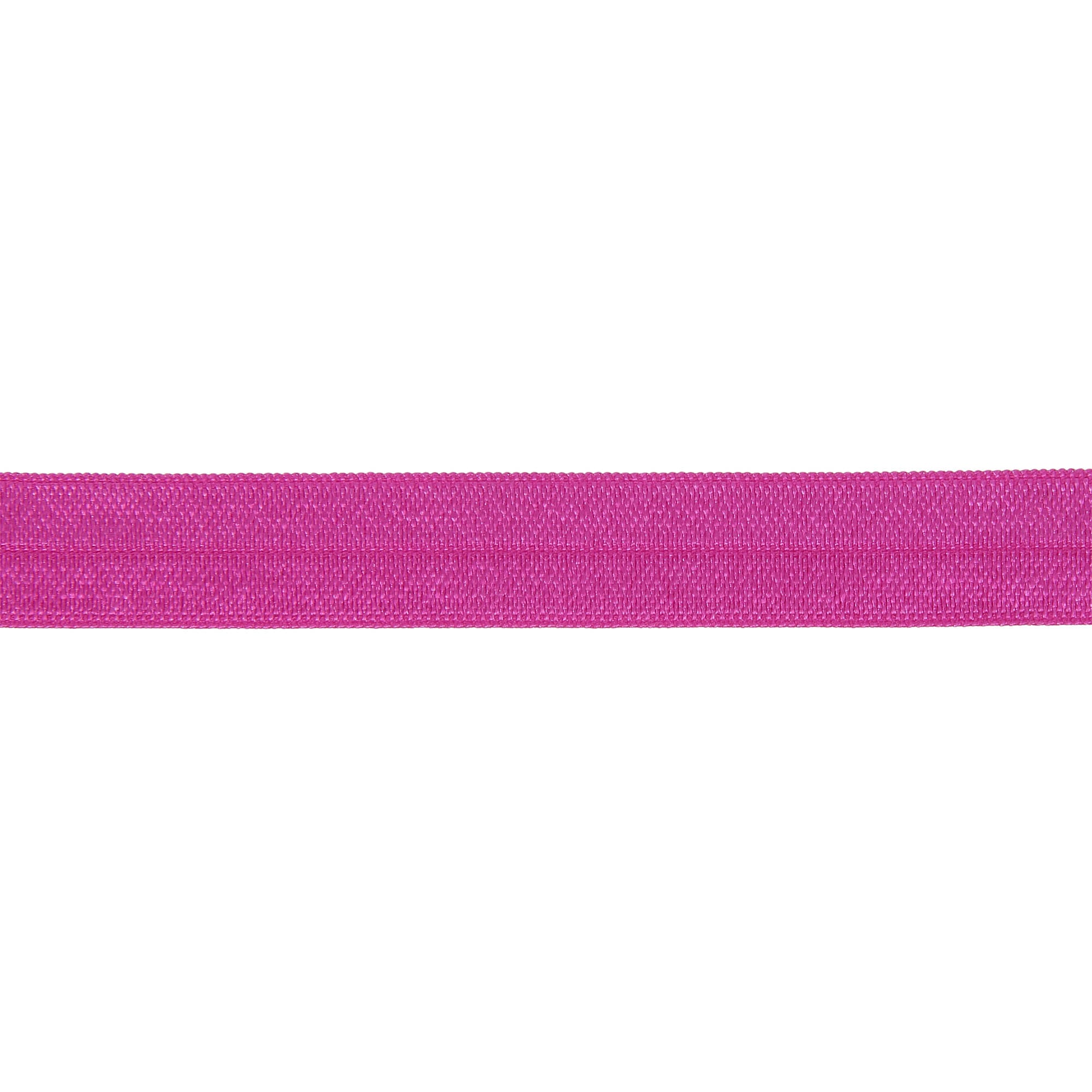 Bright pink 15mm fold-over elastic with a central crease line for sewing and crafts.
