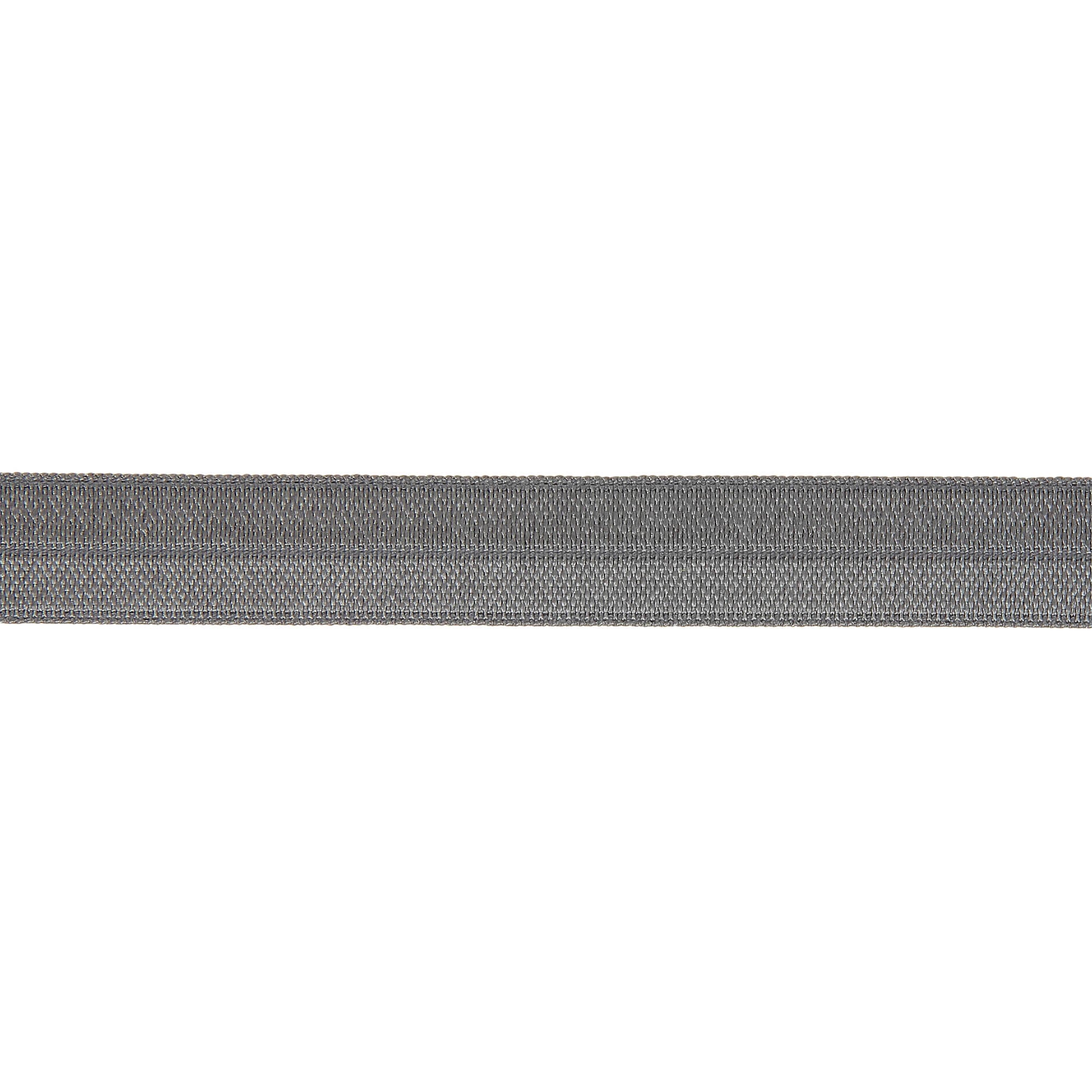Close-up of a 15mm wide grey fold-over elastic strip against a white background.