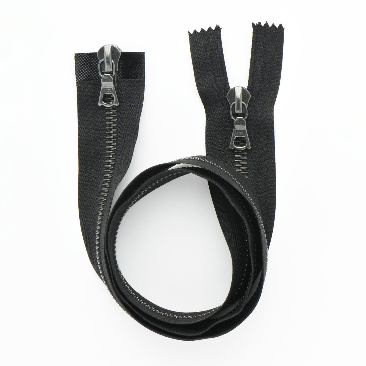 RIRI two-way open-end black metal zipper, 75cm long.