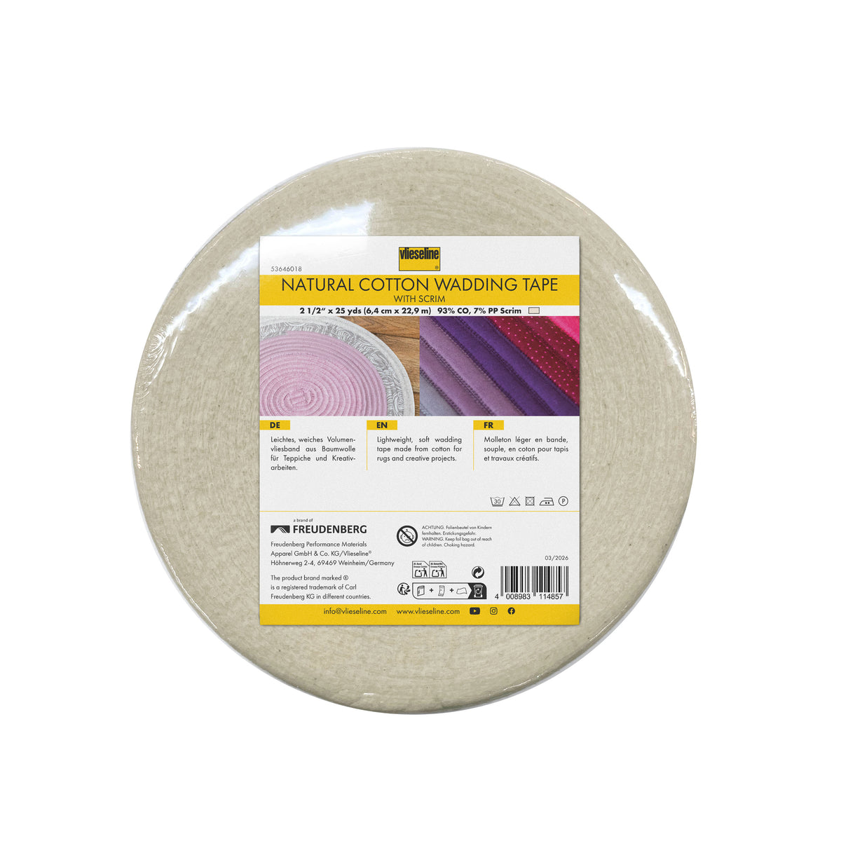 Roll of Vlieseline Natural Cotton Wadding Tape with scrim for rugs and creative projects.