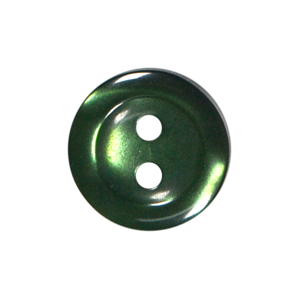 Polyester 2-hole shiny green button with a metallic sheen.