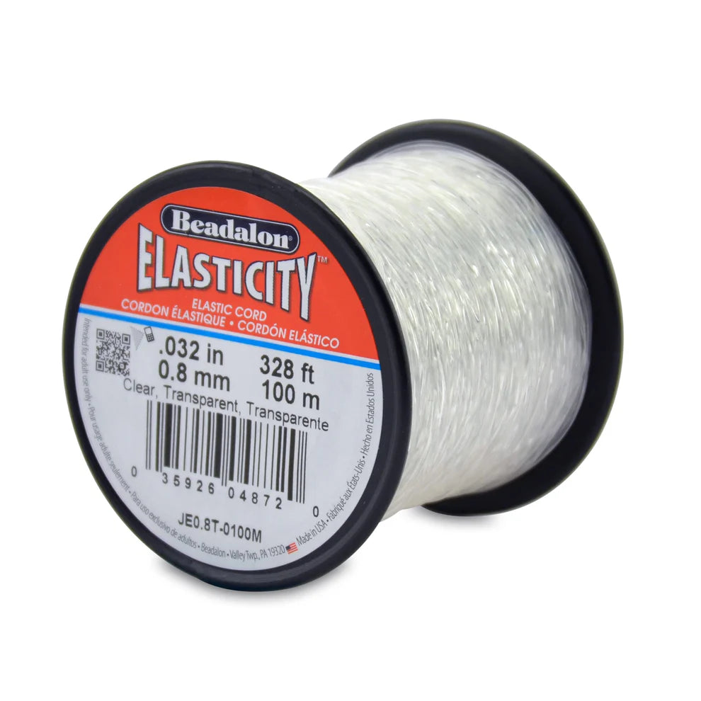 Beadalon Elasticity clear stretch cord on a 100m spool with a 0.8mm diameter for jewelry making.