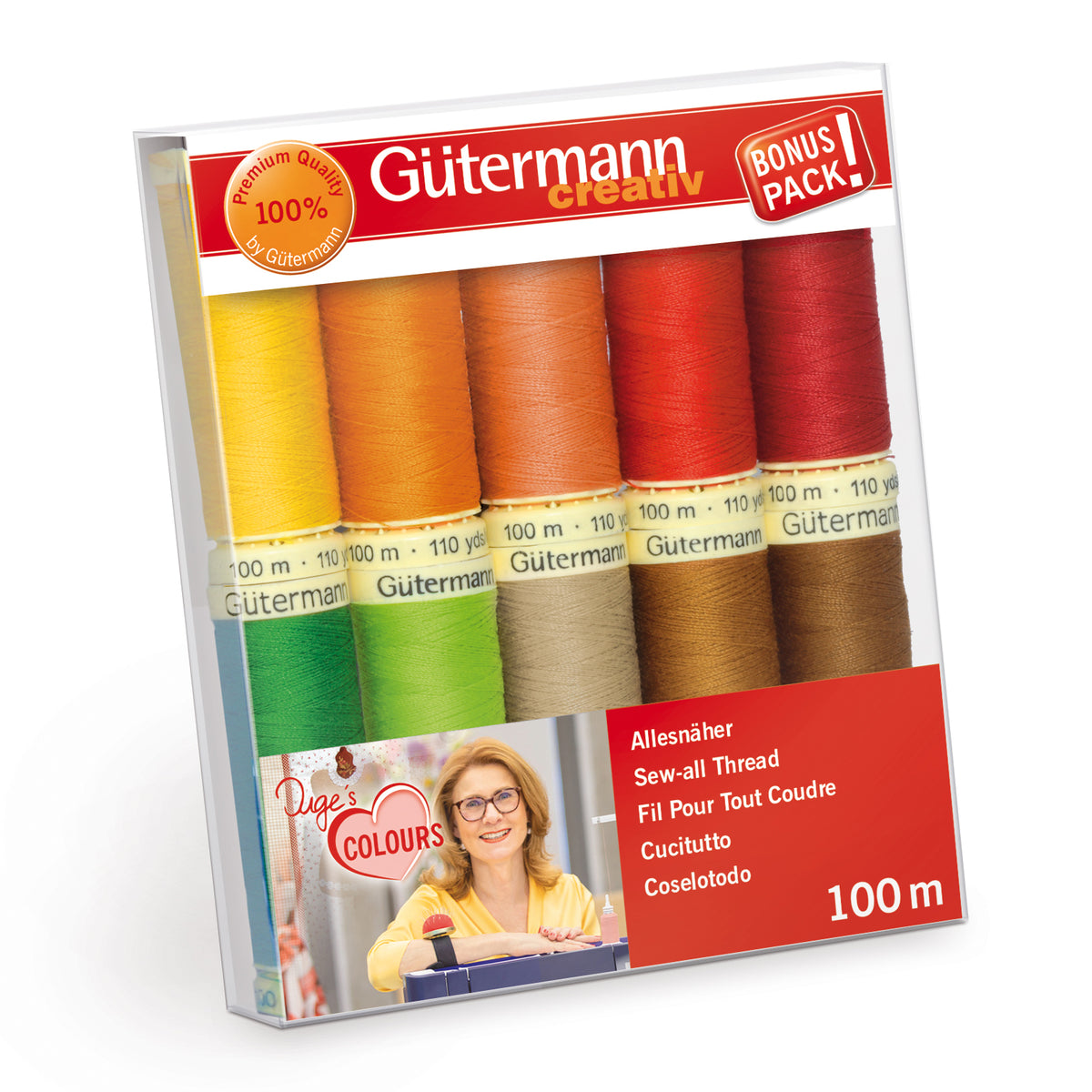 Gutermann Sew-All Thread Set with 10 reels of 100m sewing thread in assorted colors.
