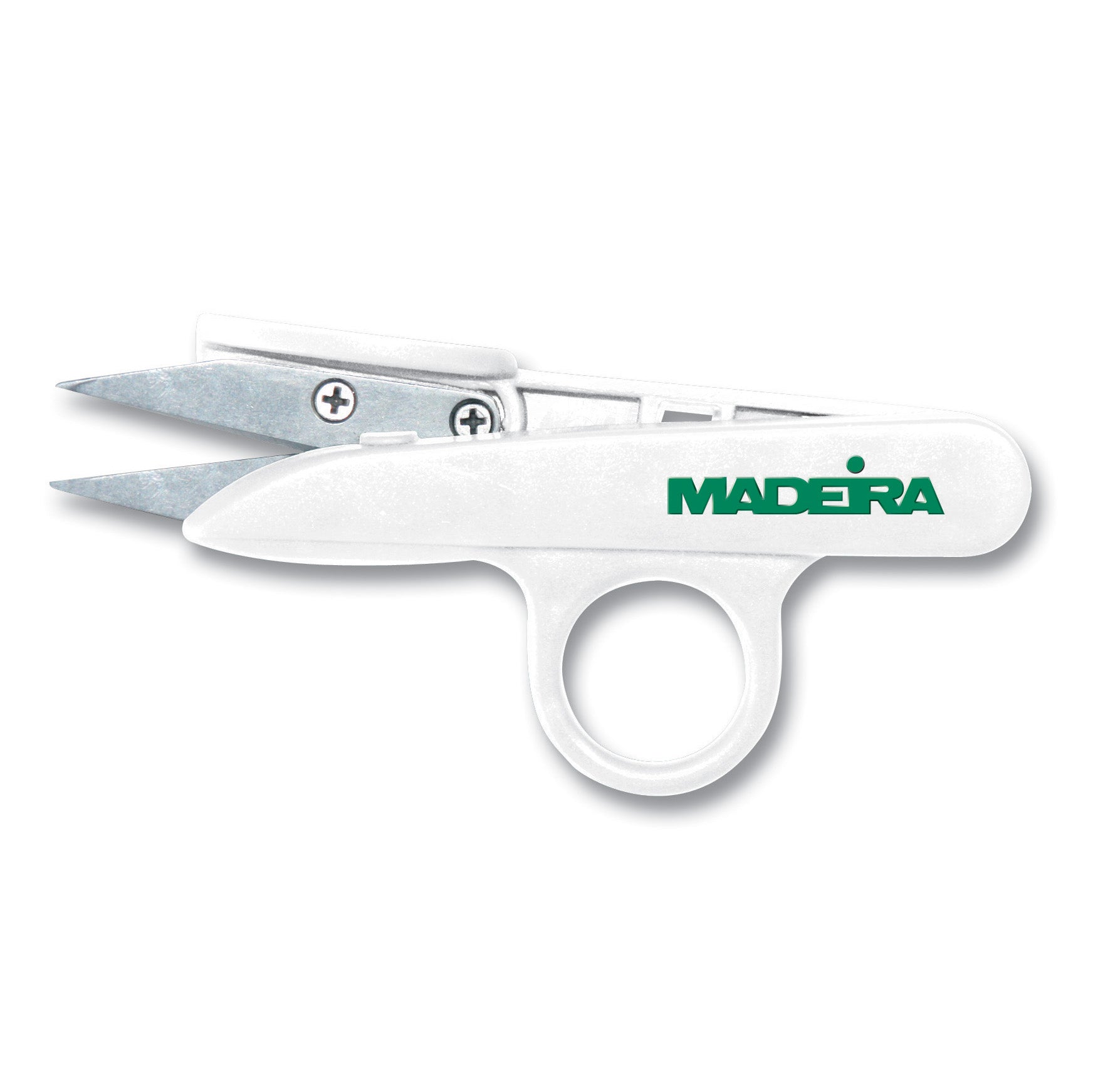 White Madeira 4.5 inch thread snips with automatic spring back and a finger ring grip.