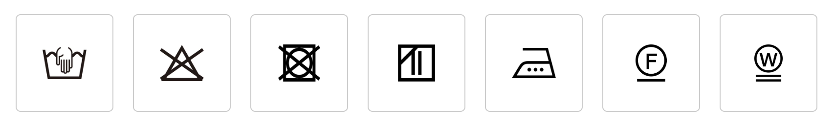 Laundry care symbols including hand wash, do not bleach, do not tumble dry, dry clean with any solvent, and iron at medium temperature.