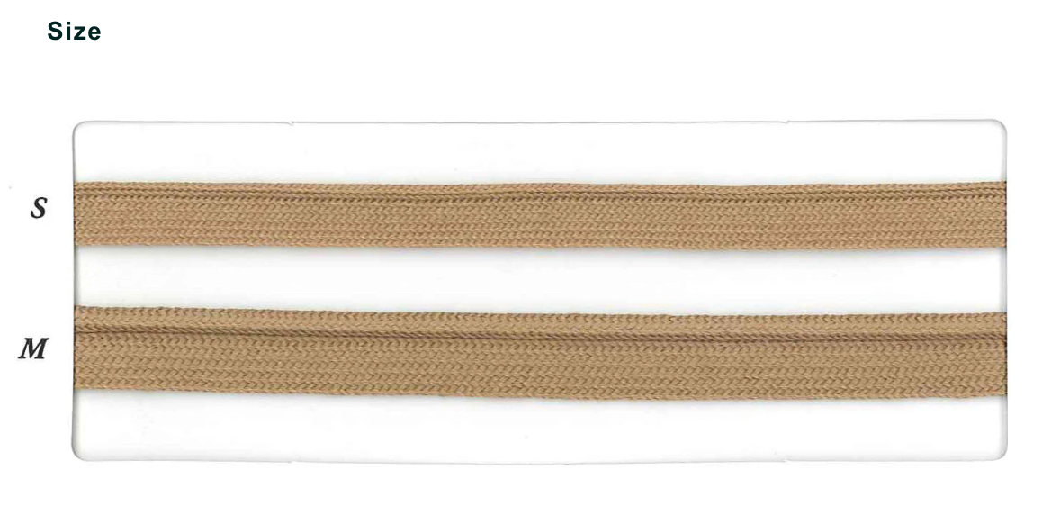 Two sizes of tan cotton piping cord, labeled S and M.
