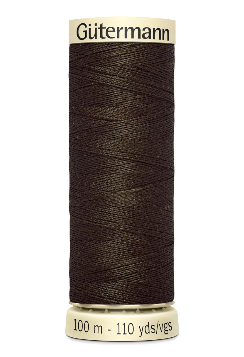 Gutermann Sew-All thread, 100m spool of dark brown 100% polyester thread.