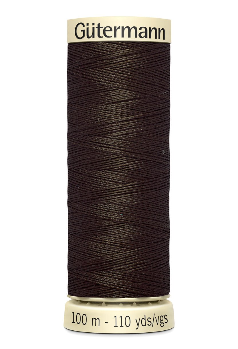 Gutermann Sew-All thread, 100m spool of dark brown 100% polyester thread.