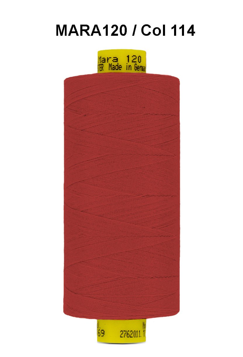 Gutermann Mara 120 red polyester thread on a spool.