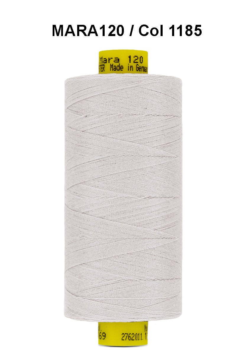 A spool of light grey Gutermann Mara 120 polyester thread.