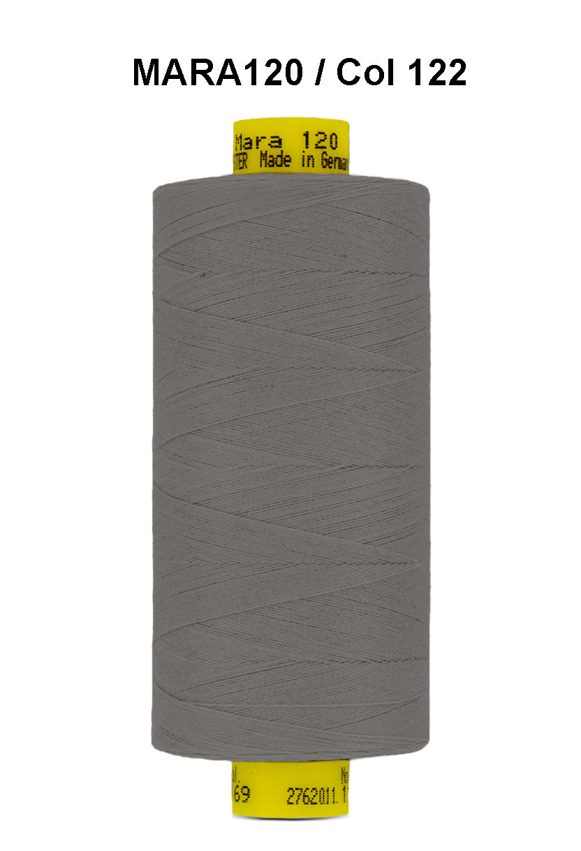 Gutermann Mara 120 grey polyester thread on a spool.